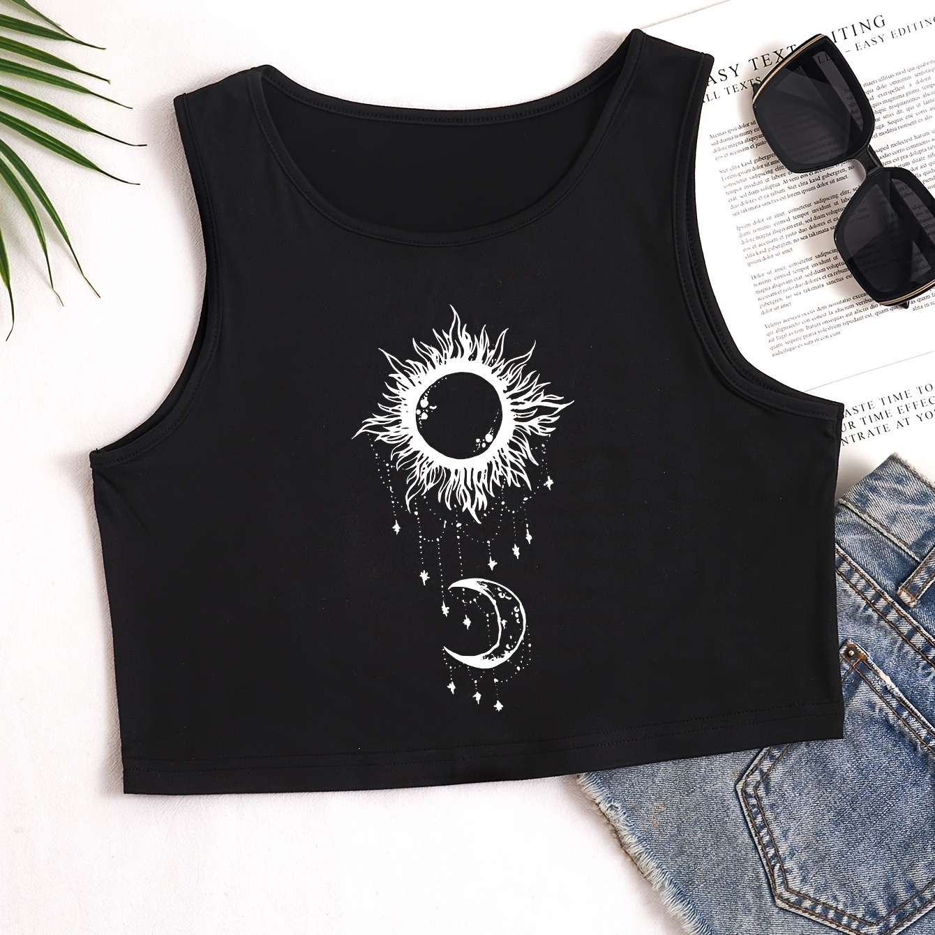 

Moon & Sun Print Tank Top, Casual Crew Neck Sleeveless Top, Women's Clothing