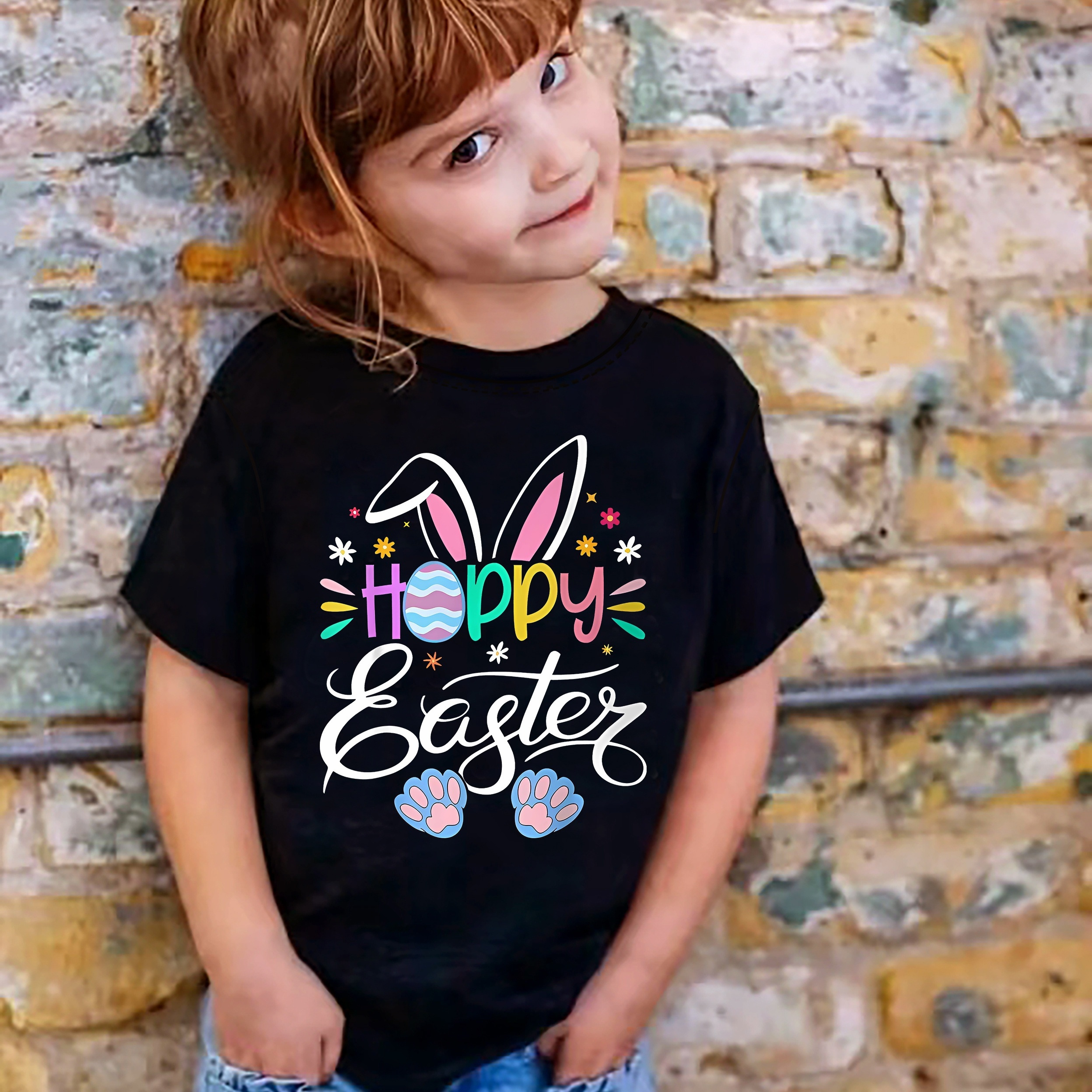 

Happy Easter & Bunny Graphic Short Sleeve T-shirt For Girls Summer Gift