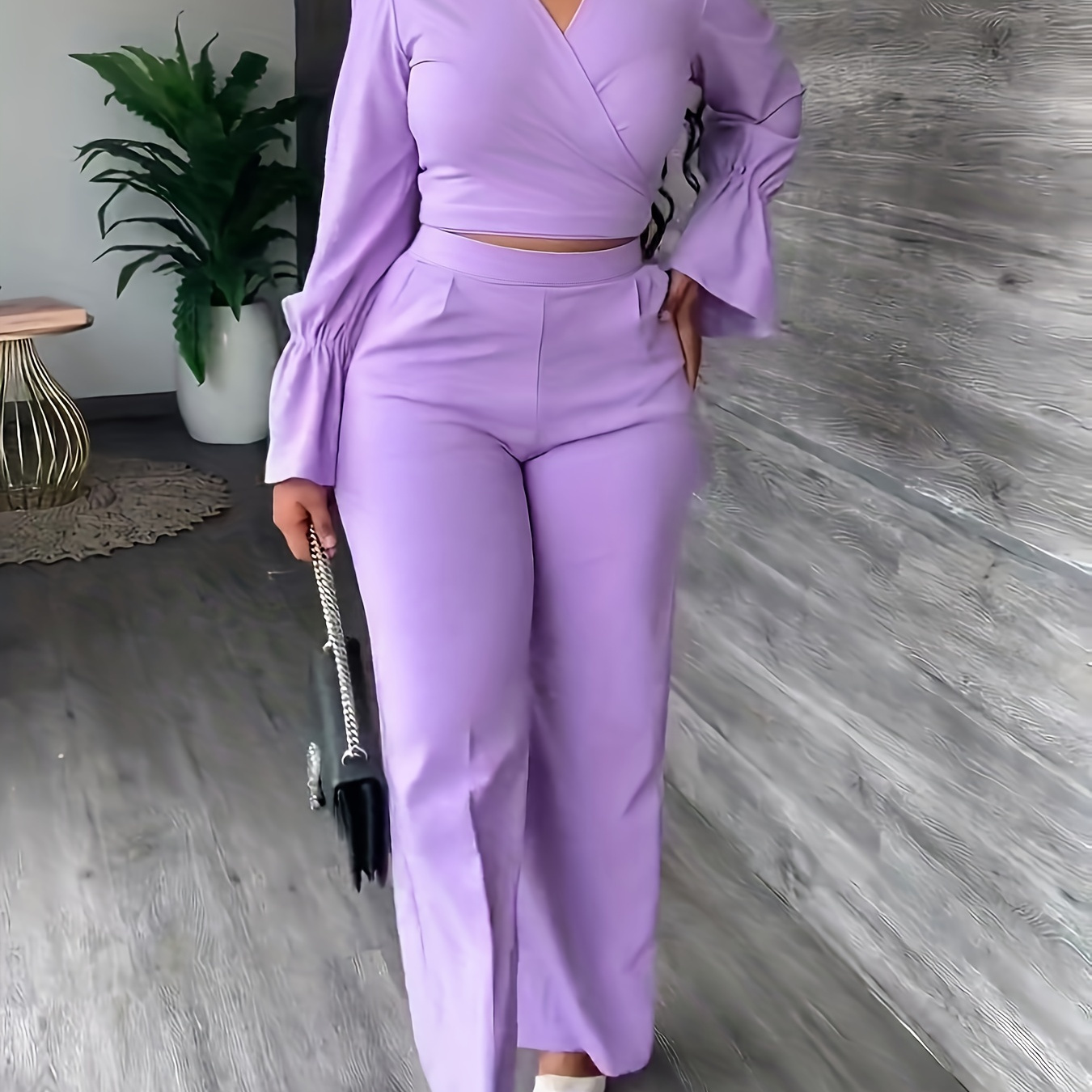 

Solid Casual Two-piece Set, Surplice Neck Long Sleeve Tops & High Waist Wide Leg Pants Outfits, Women's Clothing