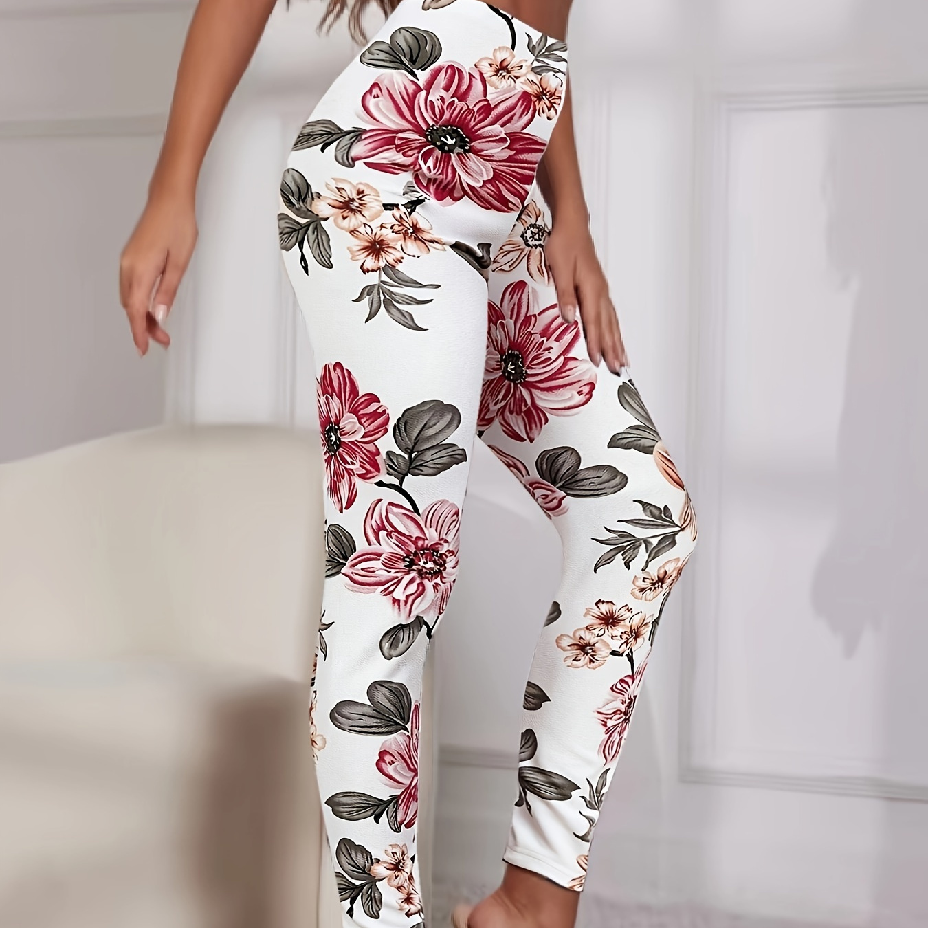 

Floral Print Slim Pants, Casual High Waist Tight Fit Pants, Women's Clothing