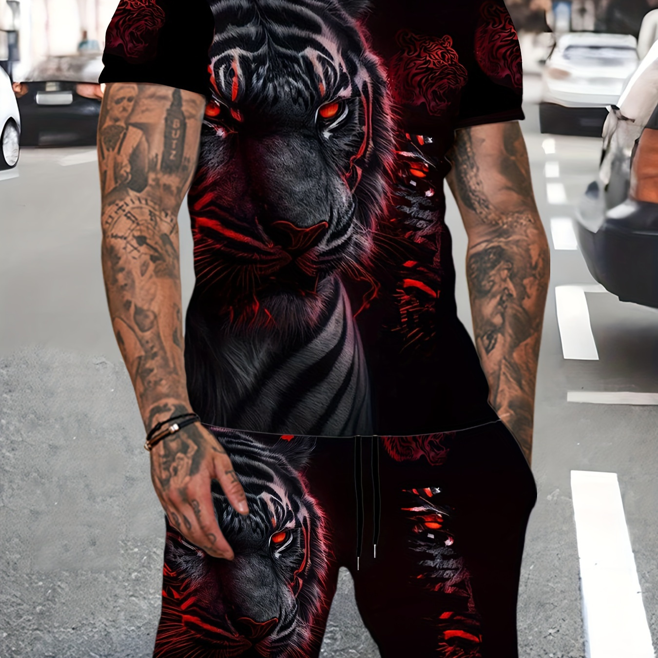 

Tiger Pattern 2pcs Trendy Outfits For Men, Casual Crew Neck Short Sleeve T-shirt And Shorts Set For Summer, Men's Clothing Vacation Workout