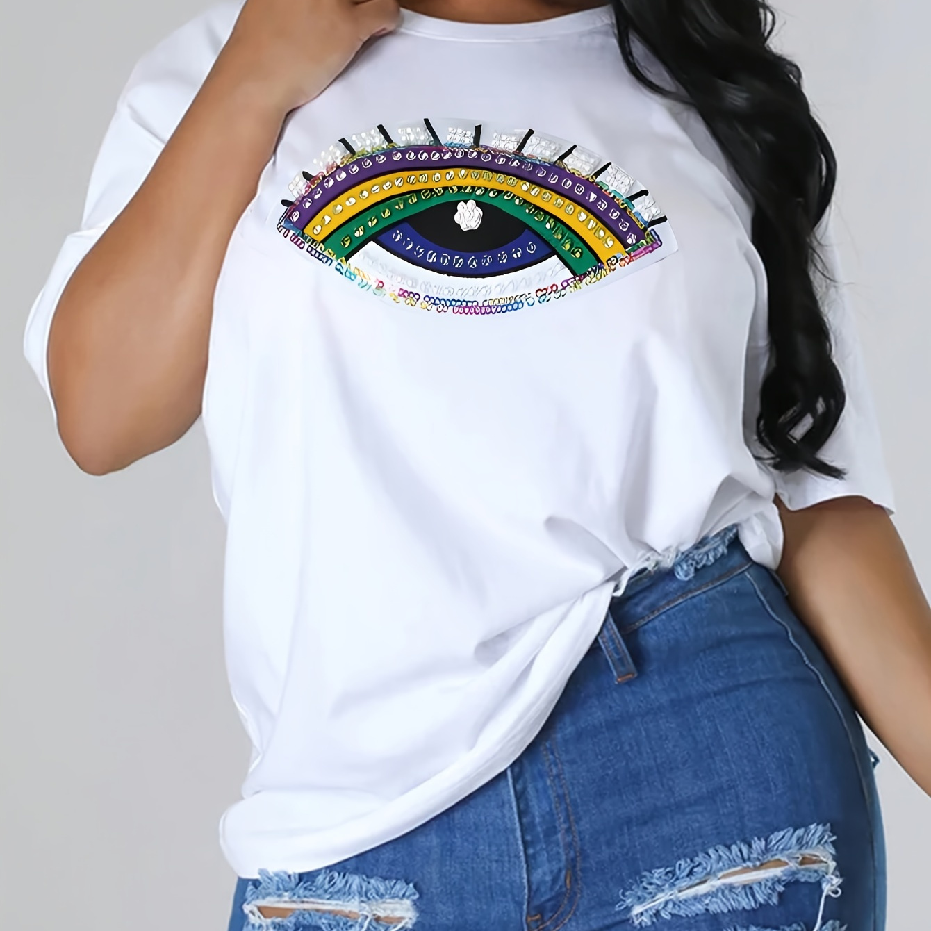 

Plus Size Eye Print T-shirt, Casual Crew Neck Short Sleeve T-shirt, Women's Plus Size clothing