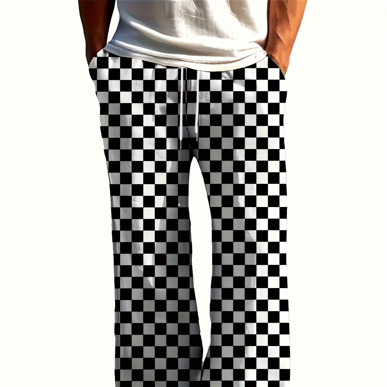 

Men' & White Checkerboard Print Fashion Pajama Pants - Casual, Loose-fit, Comfortable Long Lounge Pants With Pockets, Polyester, Machine Washable