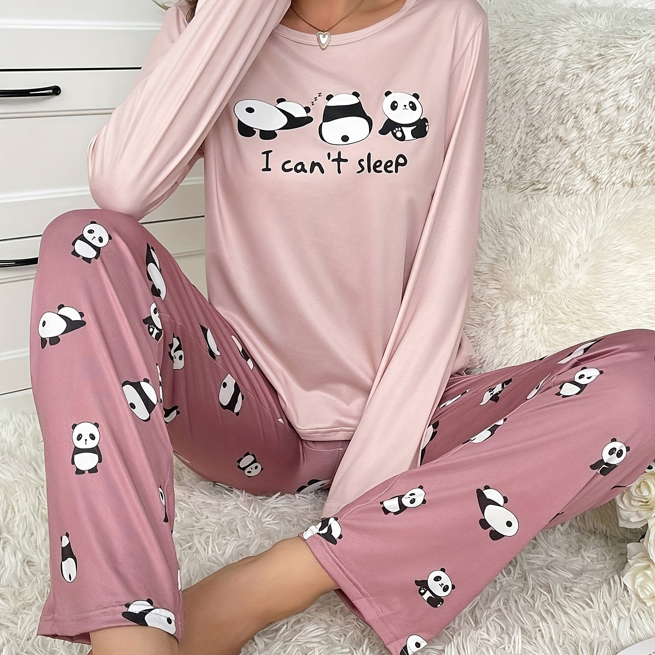 

Women's Casual Crew Neck Long Sleeve Pajama Set With Cartoon Panda Print, Polyester Knit Fabric Loungewear With Elastane - Sleepwear Set