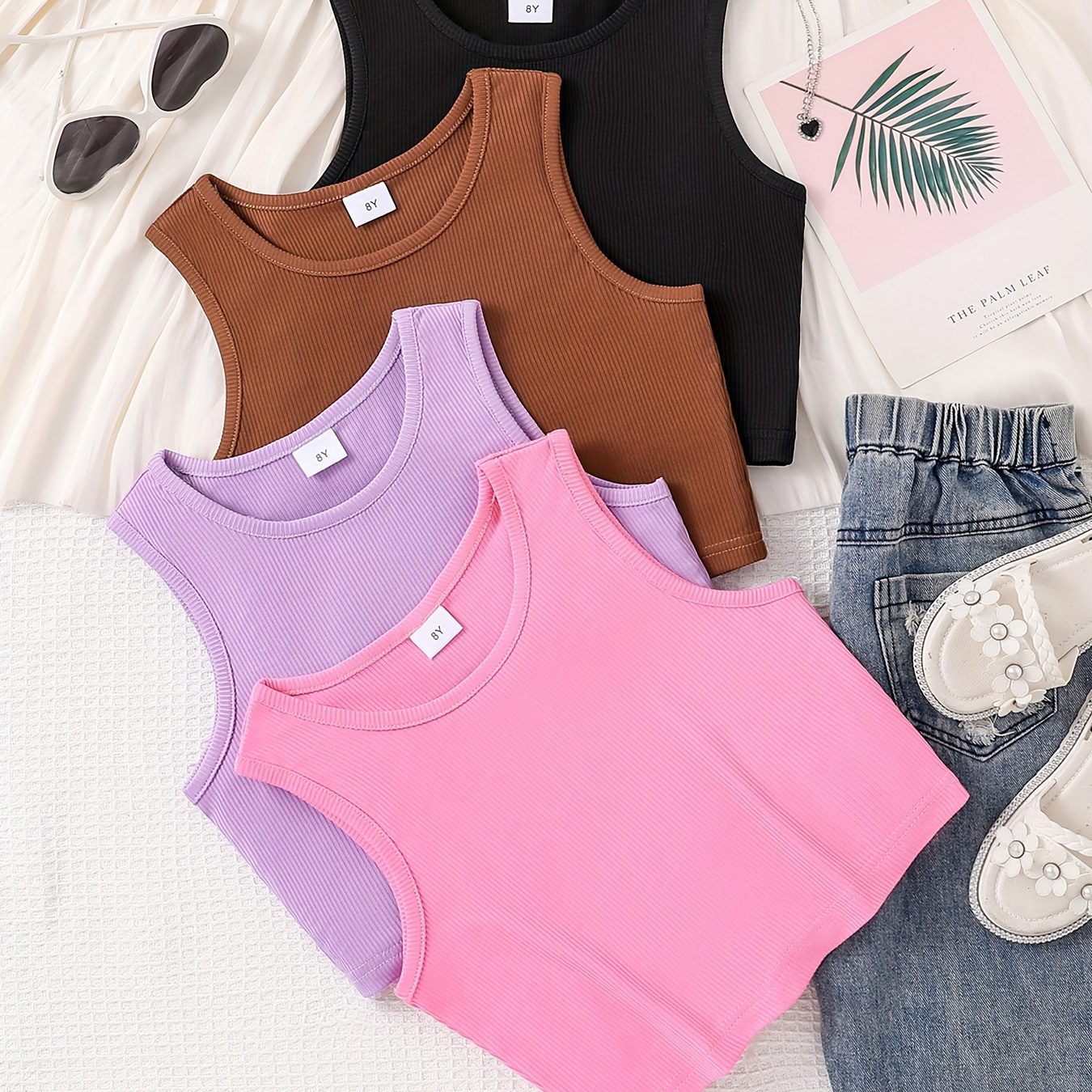 

4pcs Girls Solid Tank Top Sets Comfy Sleeveless Pullover Spring Summer Fall Sports Gift