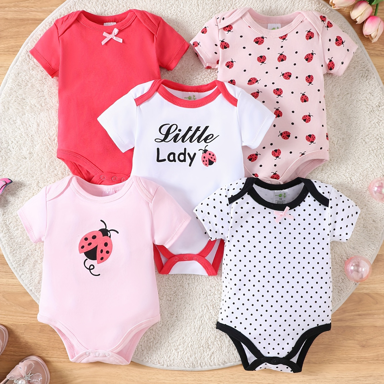 

5pcs Baby's Cartoon Ladybug/unicorn Print Cotton Triangle Bodysuit, Soft Casual Short Sleeve Onesie, Toddler & Infant Girl's Clothing For Summer, As Gift