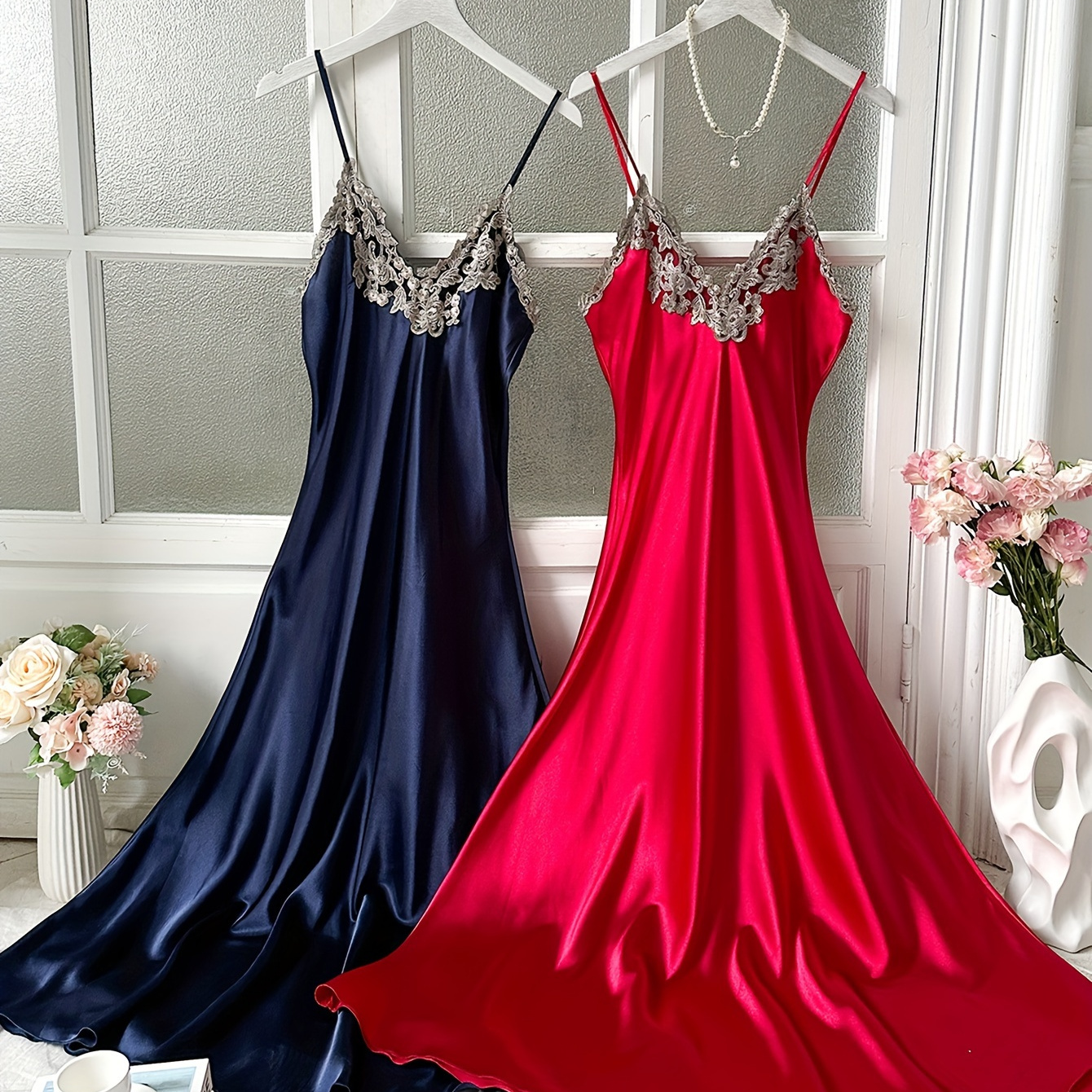 

2 Pcs Women's Elegant Solid Satin Lace Trim Sleepwear Dress, Round Neck Backless Midi Slip Dress, Comfortable Nightgown