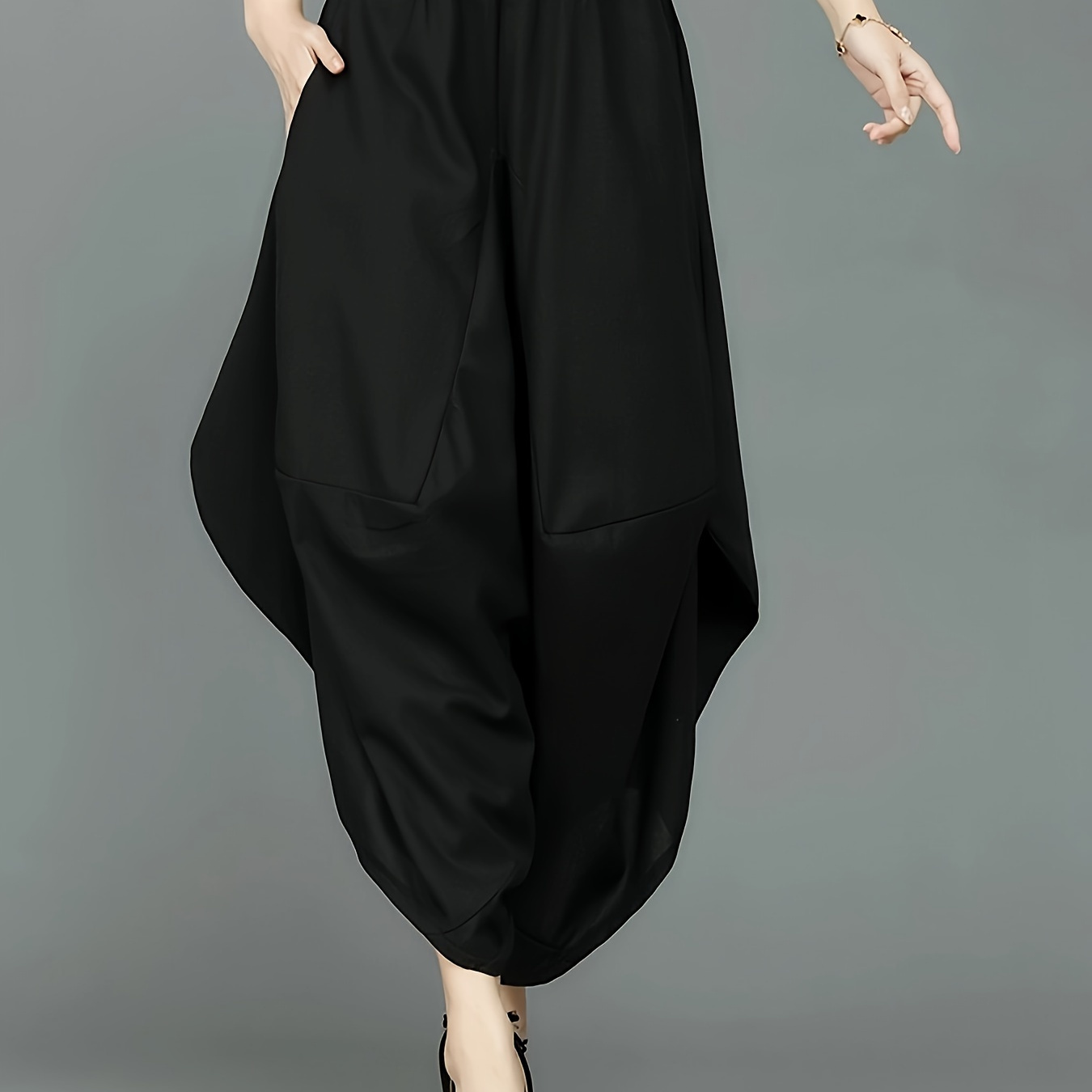 

Women's Elegant Chinese Style Cropped Lantern Pants, Casual Solid Color Waist Trousers