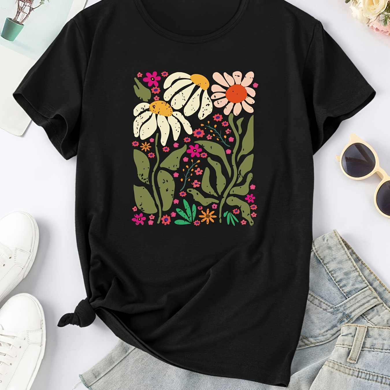 

Flower Graphic Round Neck Sports T-shirt, Casual Workout Short Sleeves Tops, Women's Activewear