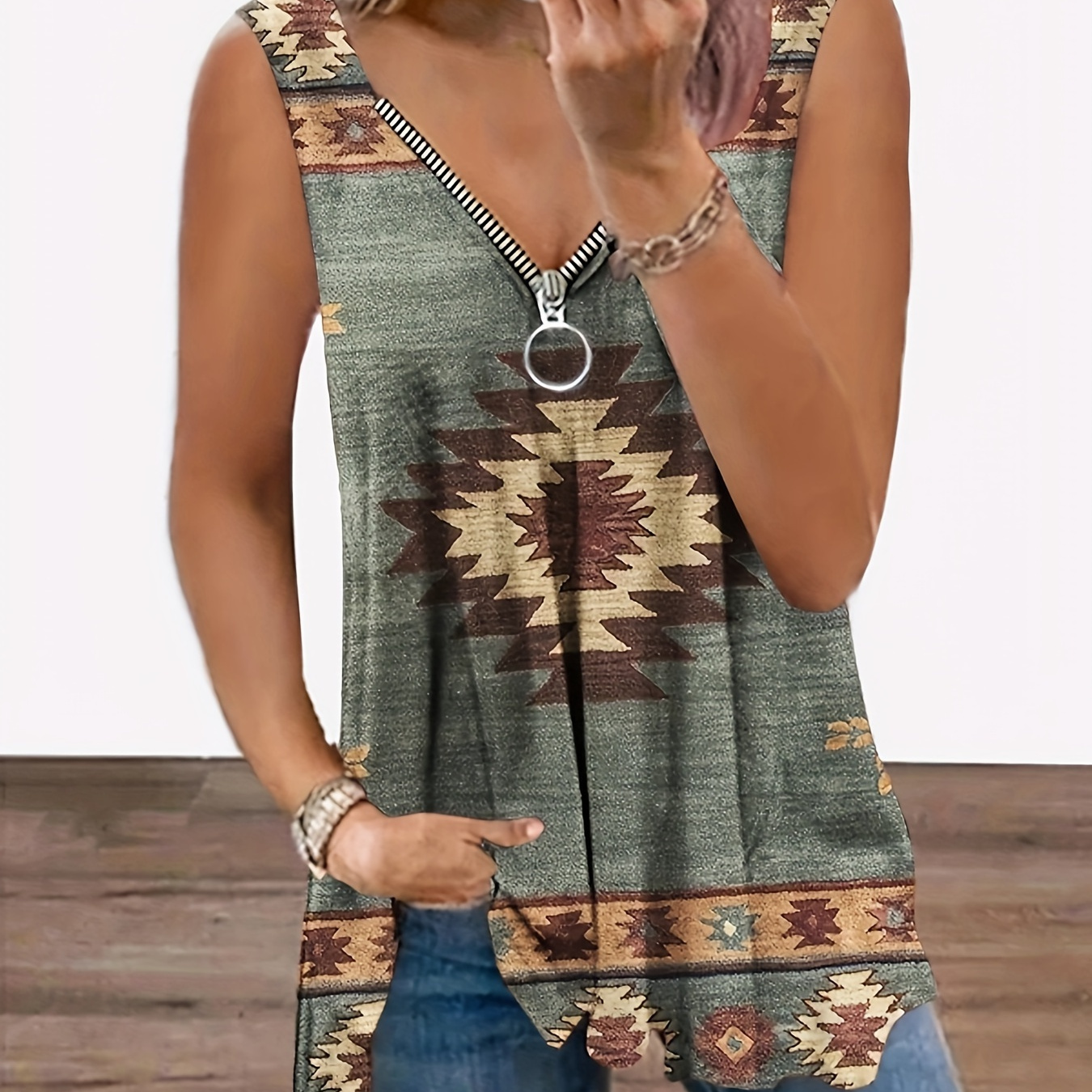 

Aztec Geo Print Zip Up Tank Top, Casual Sleeveless Top For Spring & Summer, Women's Clothing