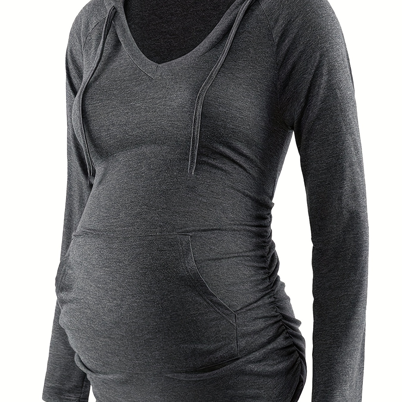 

Women's Maternity Trendy Solid Hoodie, Casual Mid Stretch Breathable V Neck Pullover Pregnancy Top For Outdoor