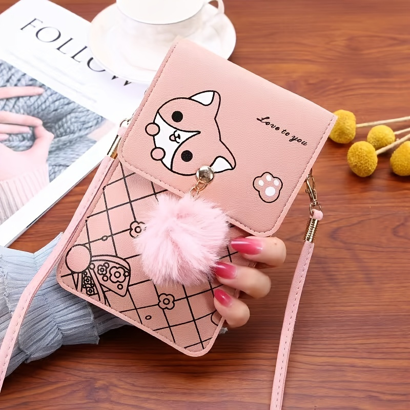 Cartoon Print Cell Phone Bag, Portable Touch Screen Coin Purse With Detachable Strap & Pom Pom Decor