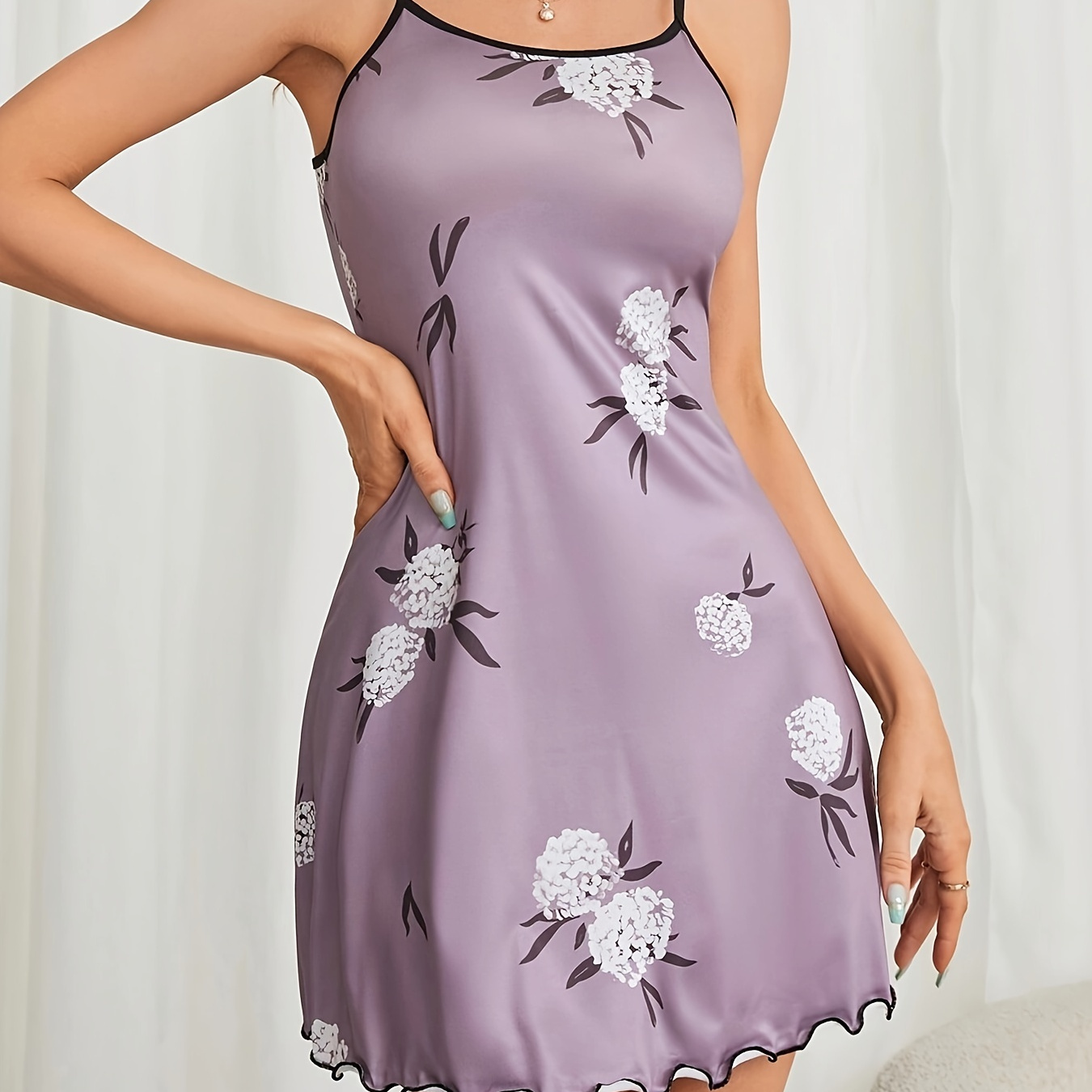 

Floral Print Nightgown, Casual Round Neck Backless Frill Trim Slip Dress, Women's Sleepwear