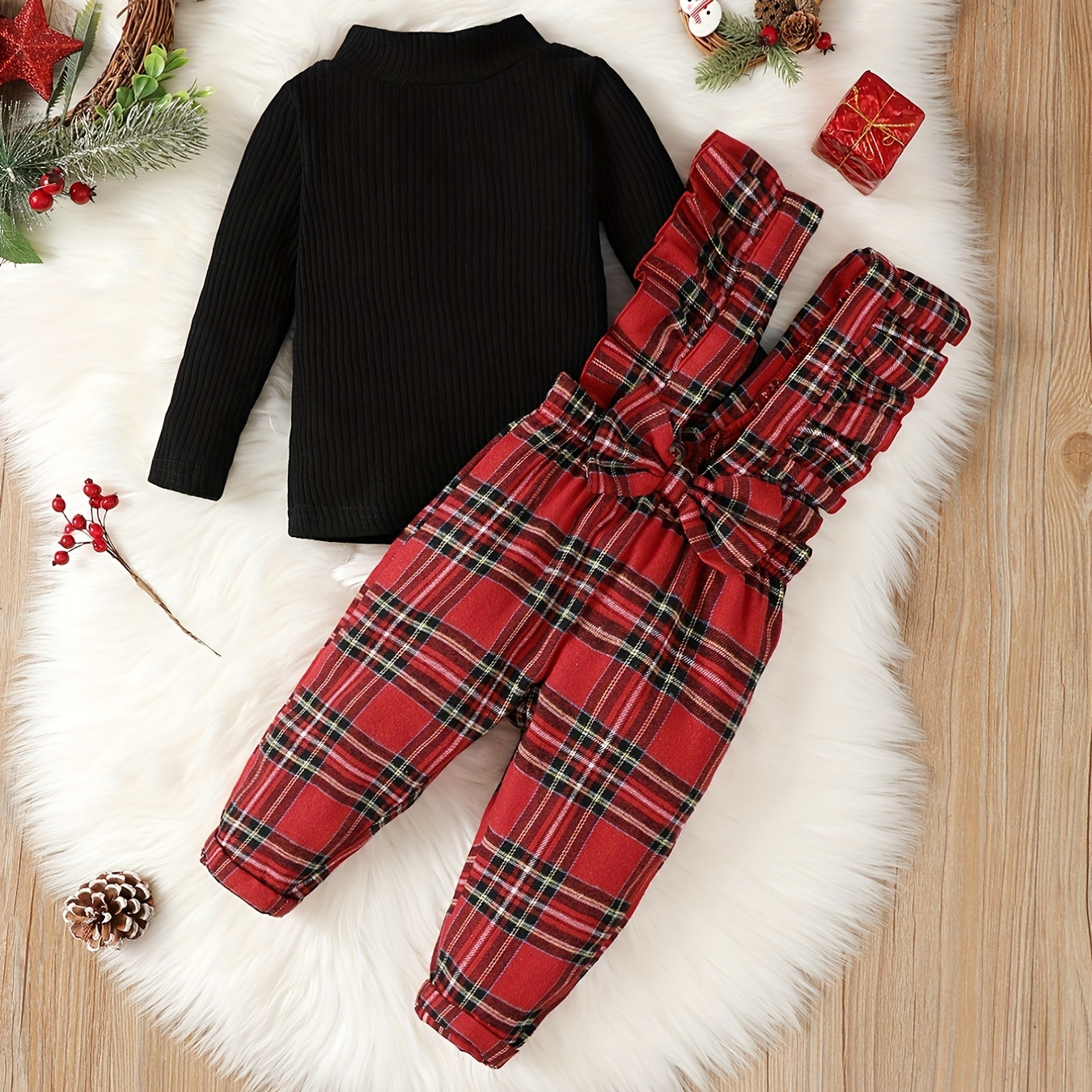 

Baby Girls Knitted Premium Top & Bow Ruffle Plaid Suspender Trousers Set Christmas Dress Up
