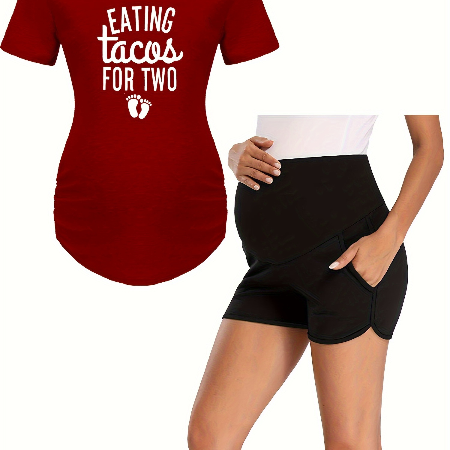 

Women's Maternity "eating Tacos For Two" Graphic Print T-shirt & Shorts Set For Summer