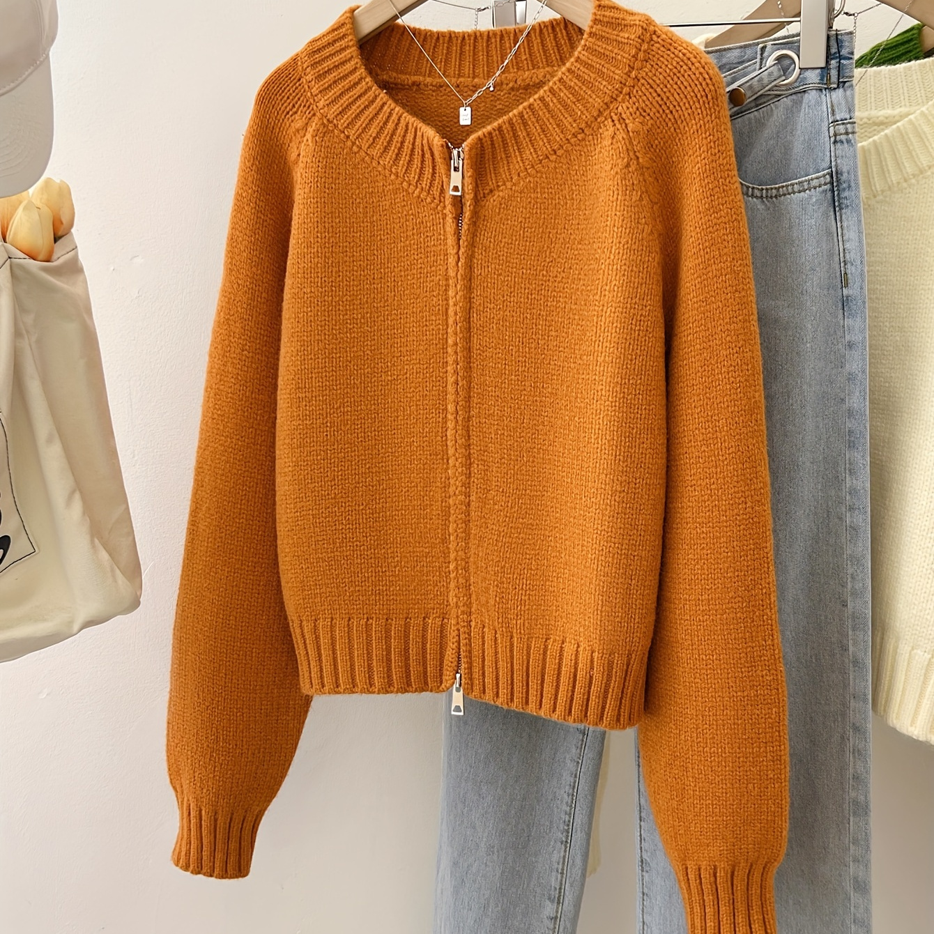 

Chic Zip-up Knit Cardigan - Casual Long Sleeve, Crew Neck Sweater For Women | Soft Viscose , Fall