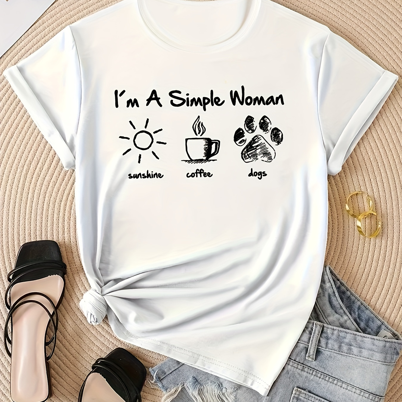 

Sunshine & Coffee & Dog Paw Graphic Fashion Versatile Sports T-shirt, Round Neck Crew Neck Short Sleeves Tops, Women's Activewear Graphic
