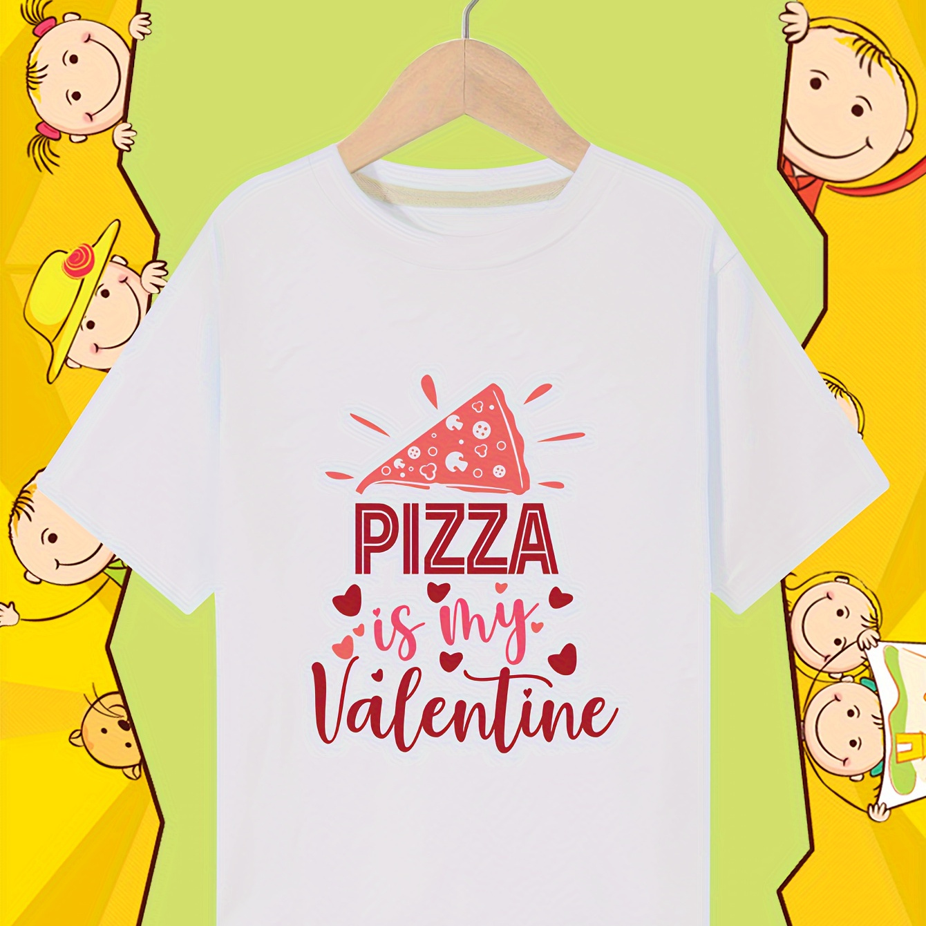 

Pizza Is My Valentine Print Children's Cute T-shirt, Boys Summer Sports Lightweight Comfy Round Neck Short Sleeve Casual Top