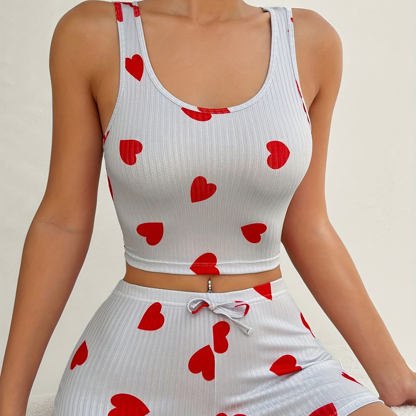 

Heart Print Pajama Set, Crew Neck Tank Top & Lace Up Shorts, Women's Sleepwear & Loungewear