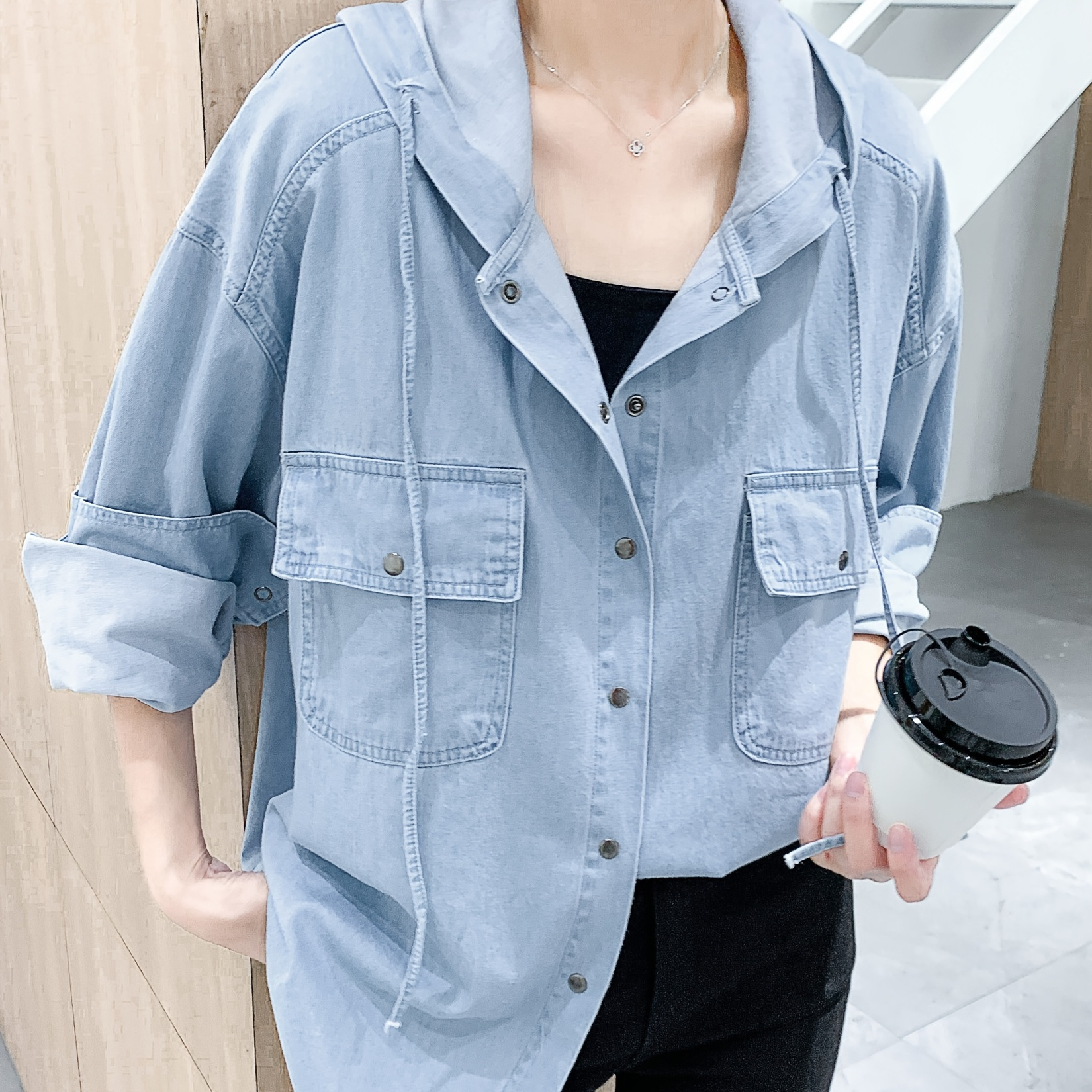 

Plus Size Casual Denim Top, Women's Plus Solid Button Up Long Sleeve Drawstring Hooded Denim Blouse