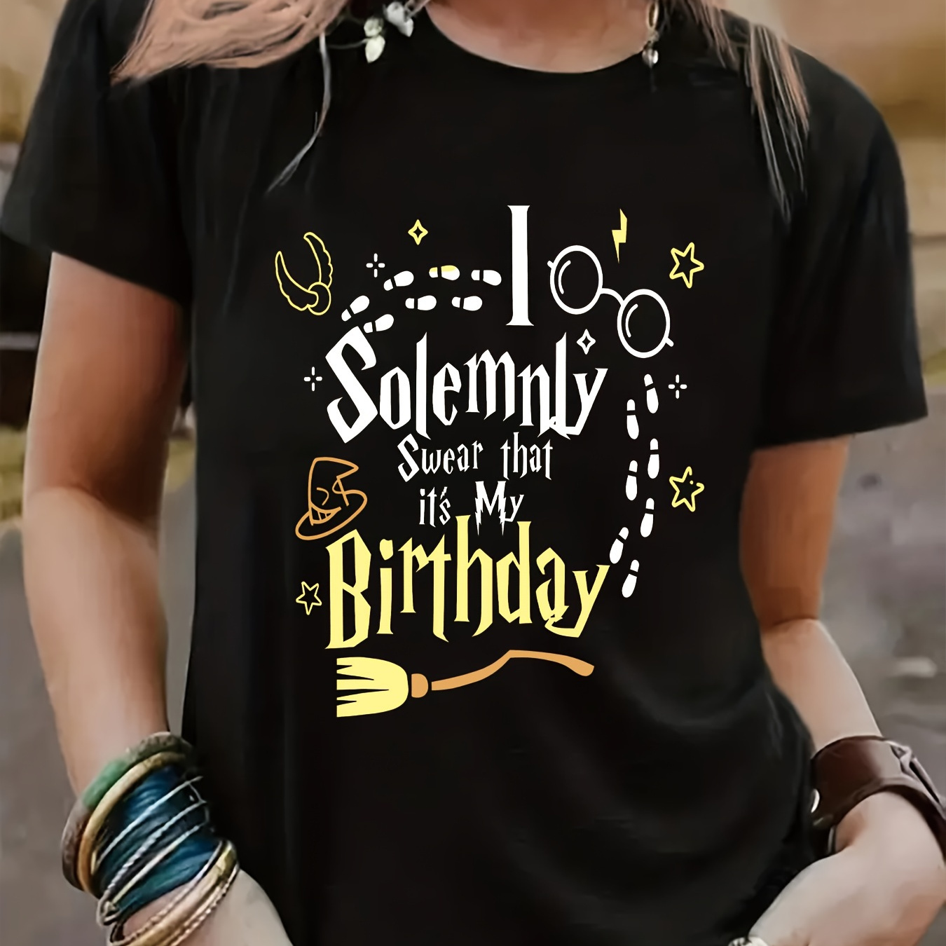 

Birthday Print Crew Neck T-shirt, Short Sleeve Casual Top For Summer & Spring, Women's Clothing