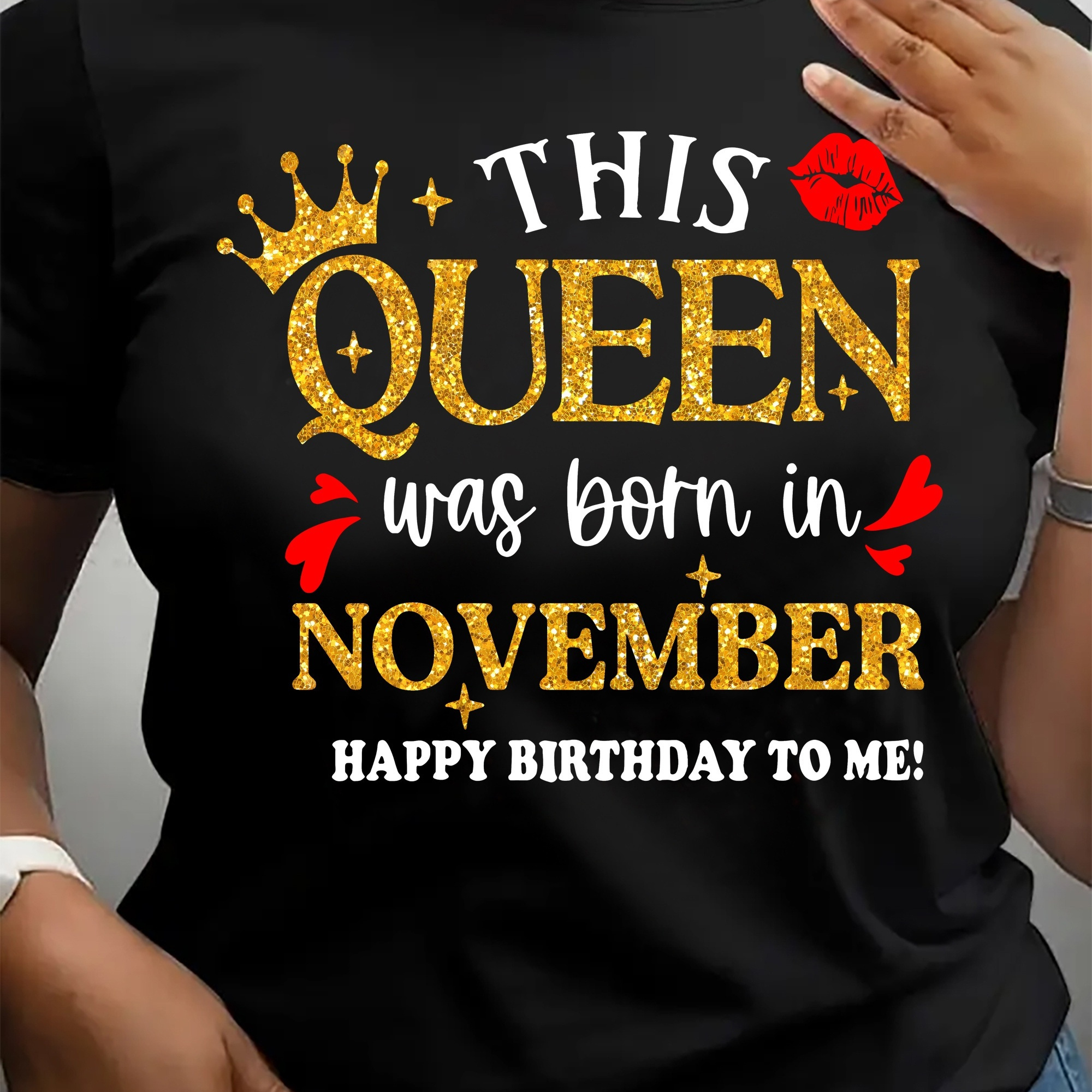 

november Birthday Queen" Print Round Neck Short Sleeve T-shirt - Women's Fashion, Casual Style, Regular Length, Polyester Material, Knit Fabric, All Seasons, Letter Pattern