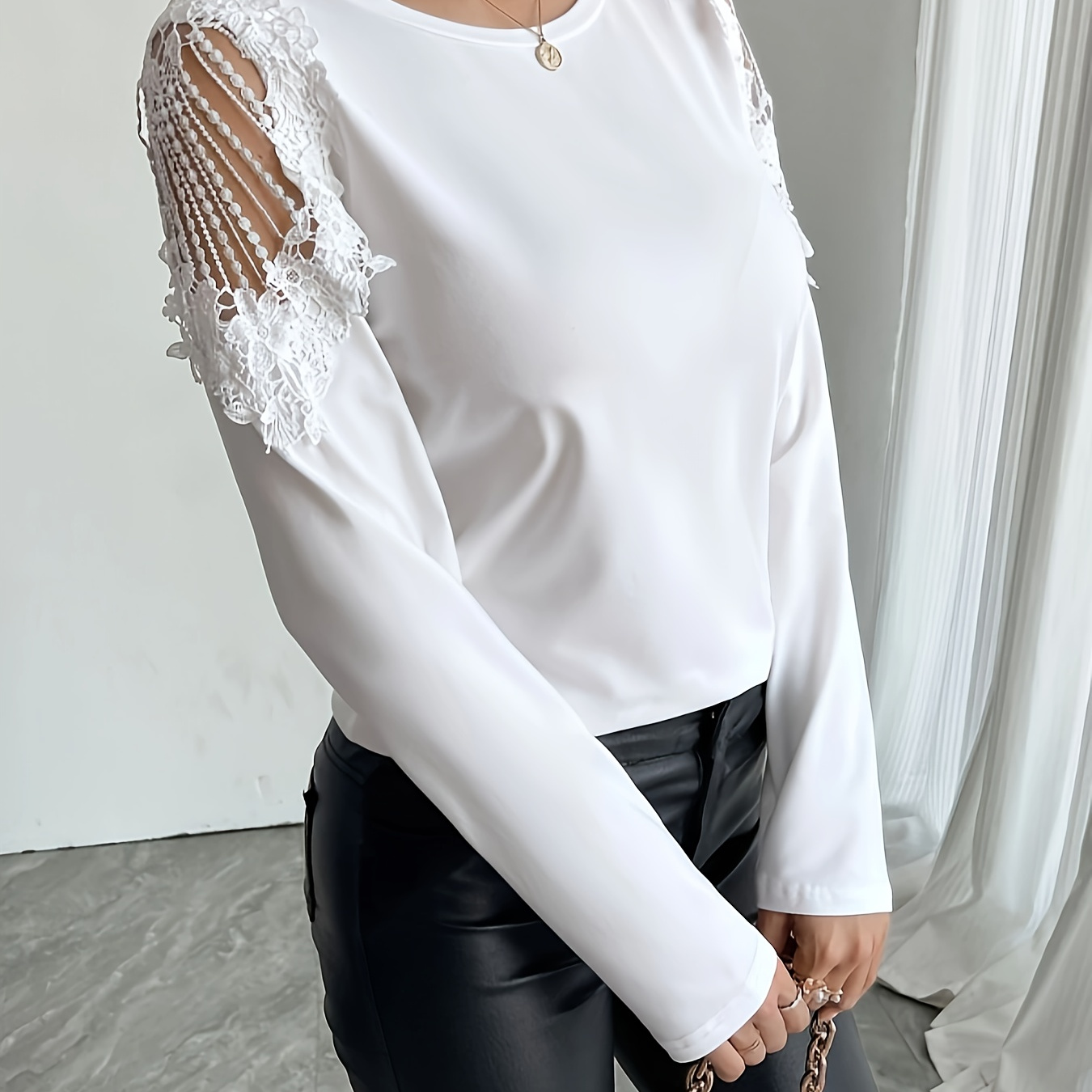 

Elegant White Lace-trimmed Long Sleeve T-shirt For Women - Chic Crew Neck, Stretchy Polyester , All