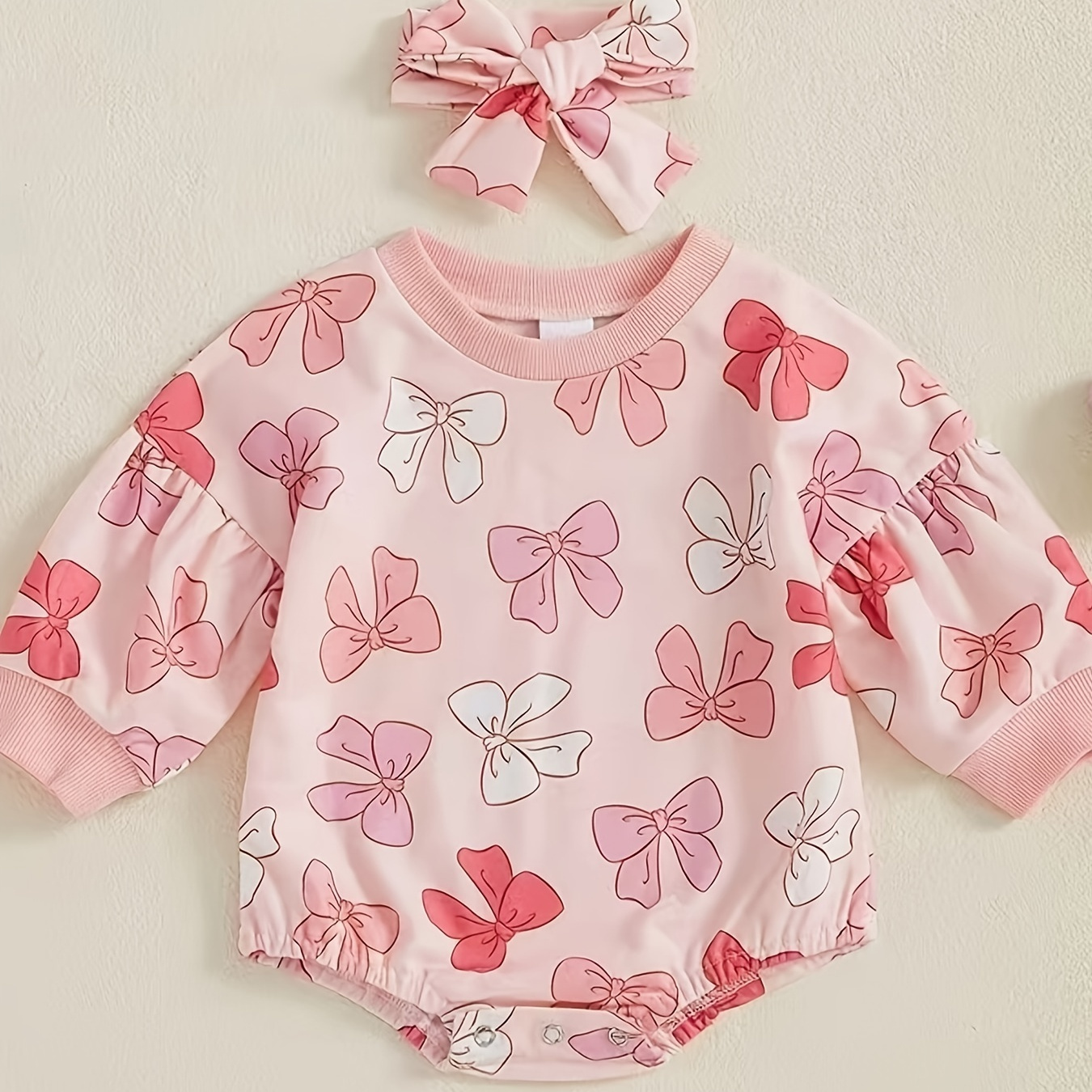 

1pc Fashion Korean Girl Romper With Bowknot Print And Puff Sleeves, Polyester Knit Onesie With Matching Headband, Spring/autumn Regular Fit Infant Bodysuit, For Outdoor