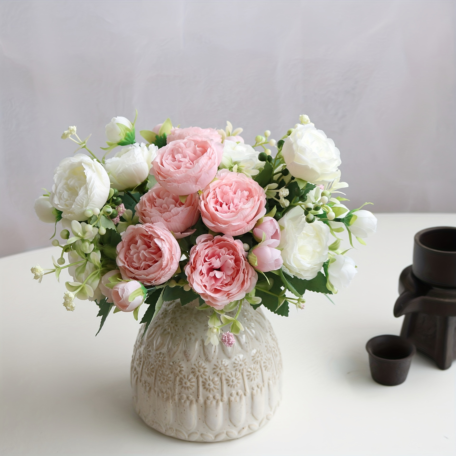 Arreglo de tulipanes artificiales magenta-blanco en taza con lunares,  decoración de mesa de novia, arreglo de flores de imitación de jardín  interior, flor eterna -  México