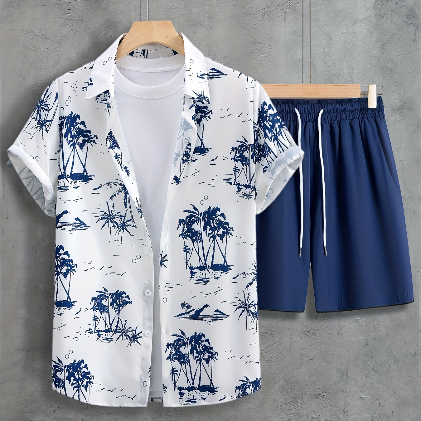 

Coconut Trees, Men's 2pcs, Short Sleeve Graphic Print Button Up Shirt And Drawstring Shorts Co Ord Set