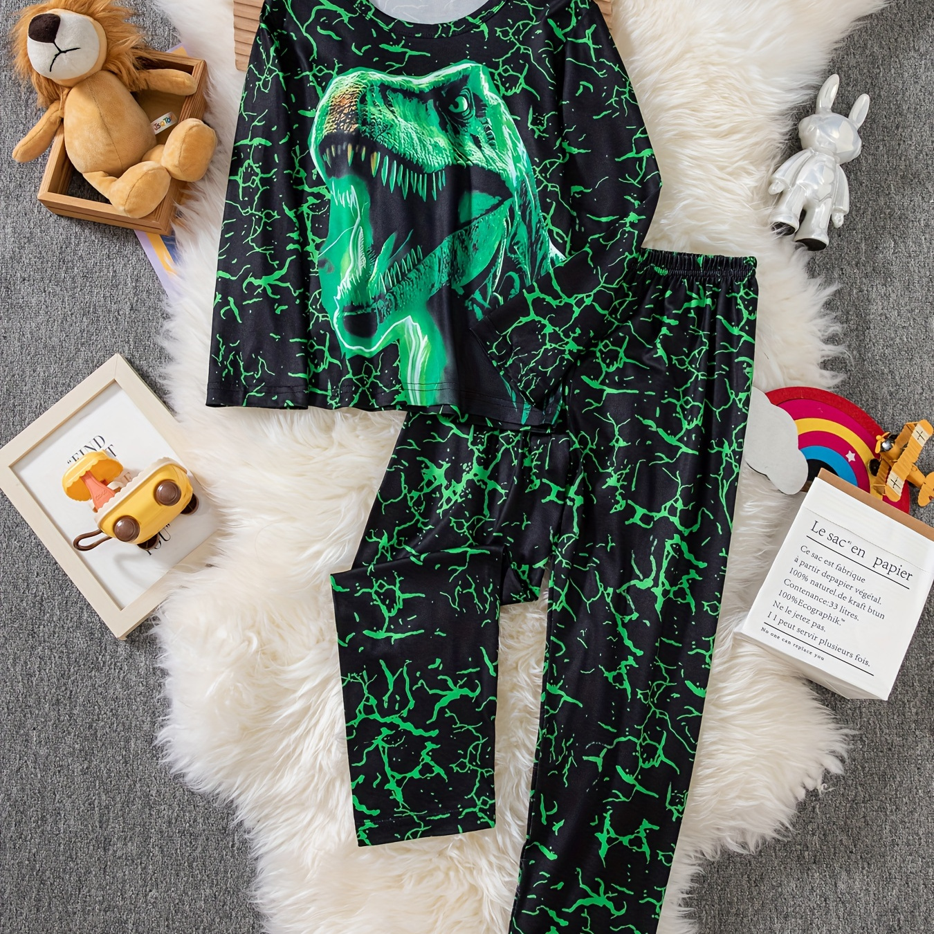 

Dinosaur Print Boys' Pajama Set - 2pcs Long Sleeve Top & Pants, Stretchy & Breathable Fabric, Flame-resistant, In