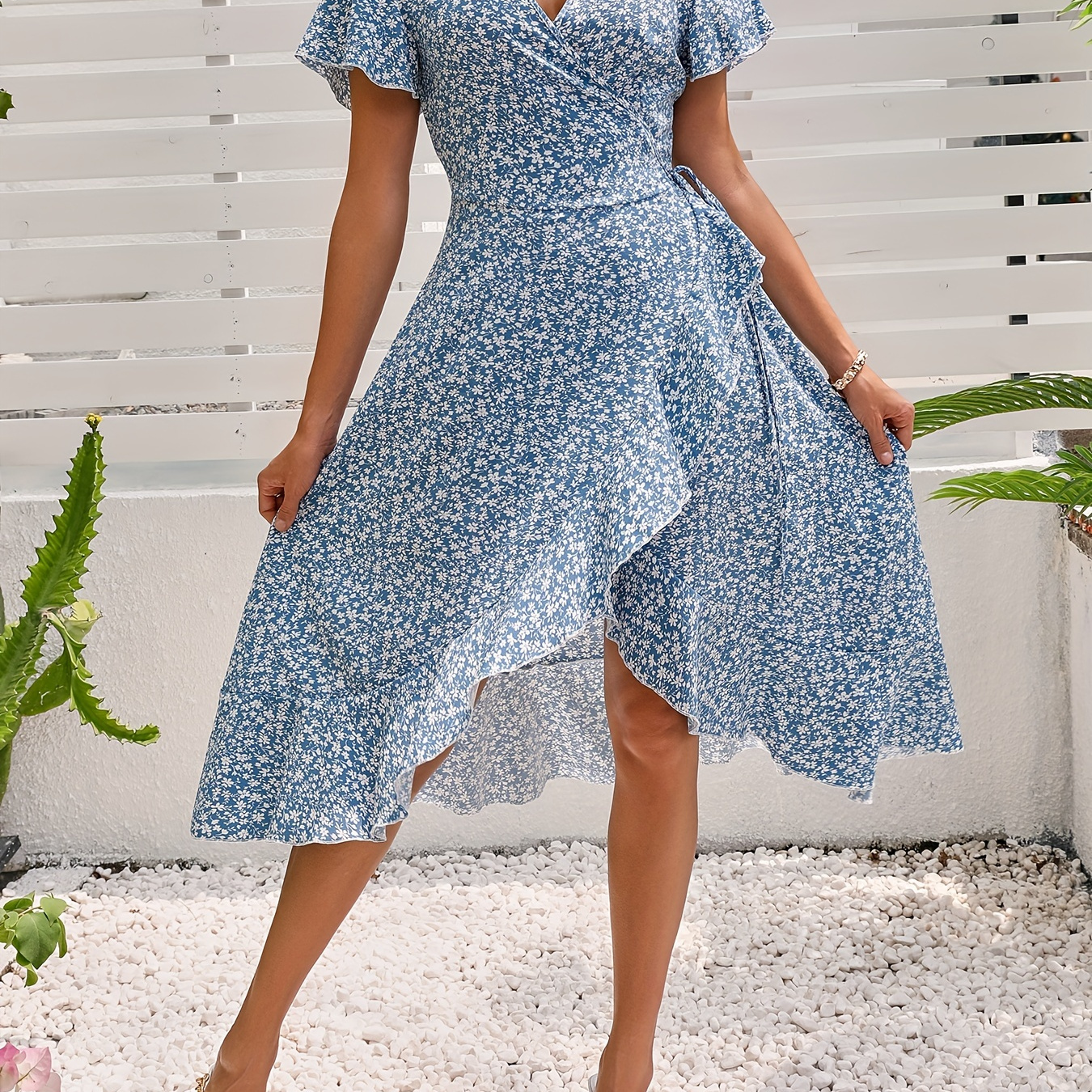 

Floral Print Wrap Dress, Vacation Style Ruffle Sleeve Dress For Spring & Summer, Women's Clothing