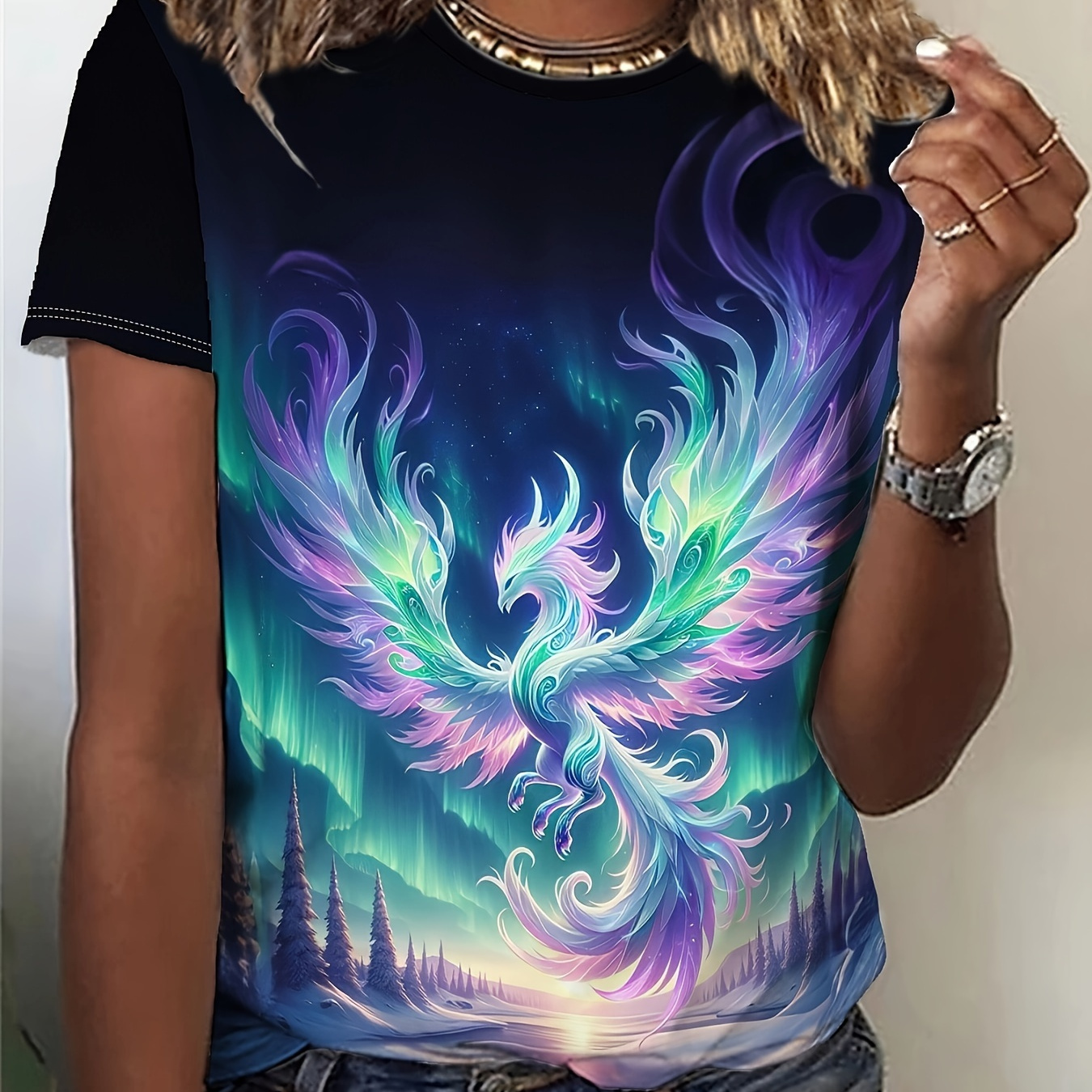 

Colorful Dragon Print Casual T-shirt, Crew Neck Short Sleeve Top For Spring & Summer, Women's Clothing