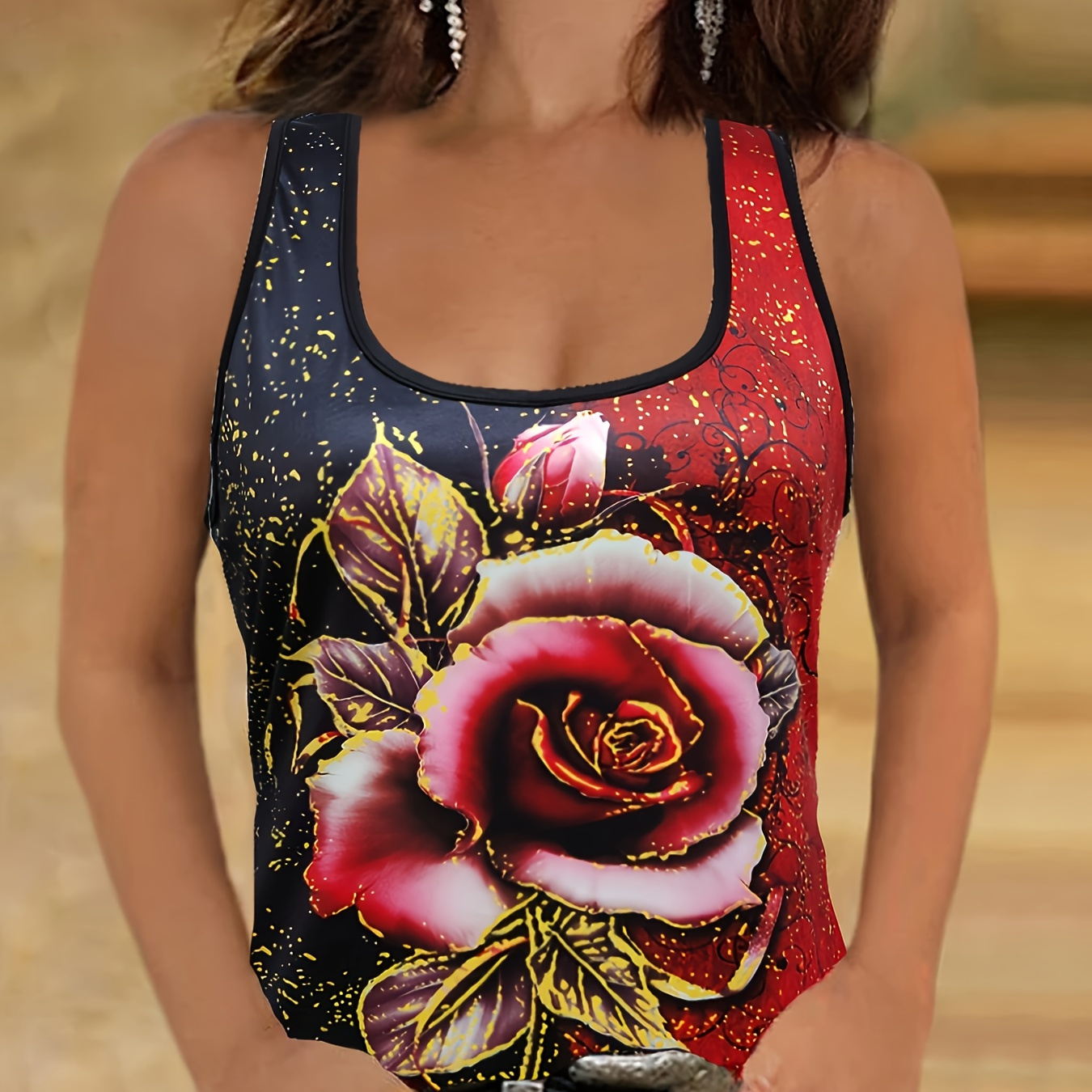 

Rose Print Scoop Neck Tank Top, Casual Sleeveless Slim Fit Top For Spring & Summer, Women's Clothing