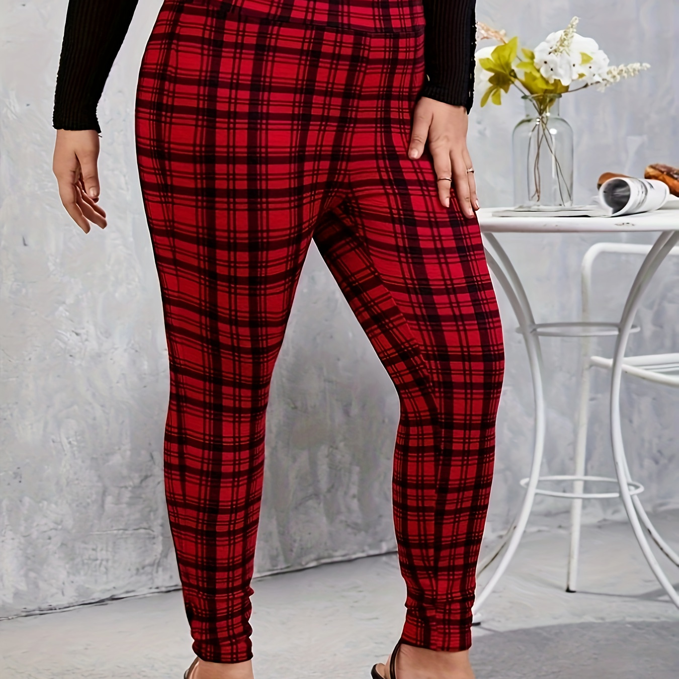 

Leggings Skinny Imprimés À Carreaux De Grande Taille, Leggings Extensibles Décontractés À Taille Haute, Vêtements De Grande Taille Pour Femmes