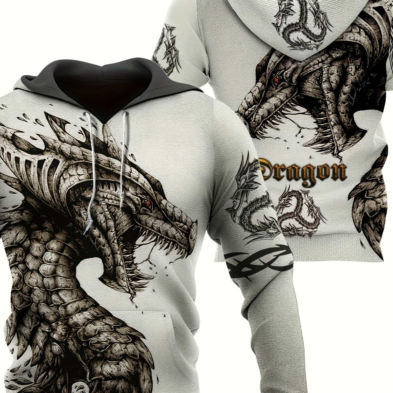 

Plus Size Men's Y2k Monster Print Hooded Sweatshirt For Fall Winter, Men's Clothing