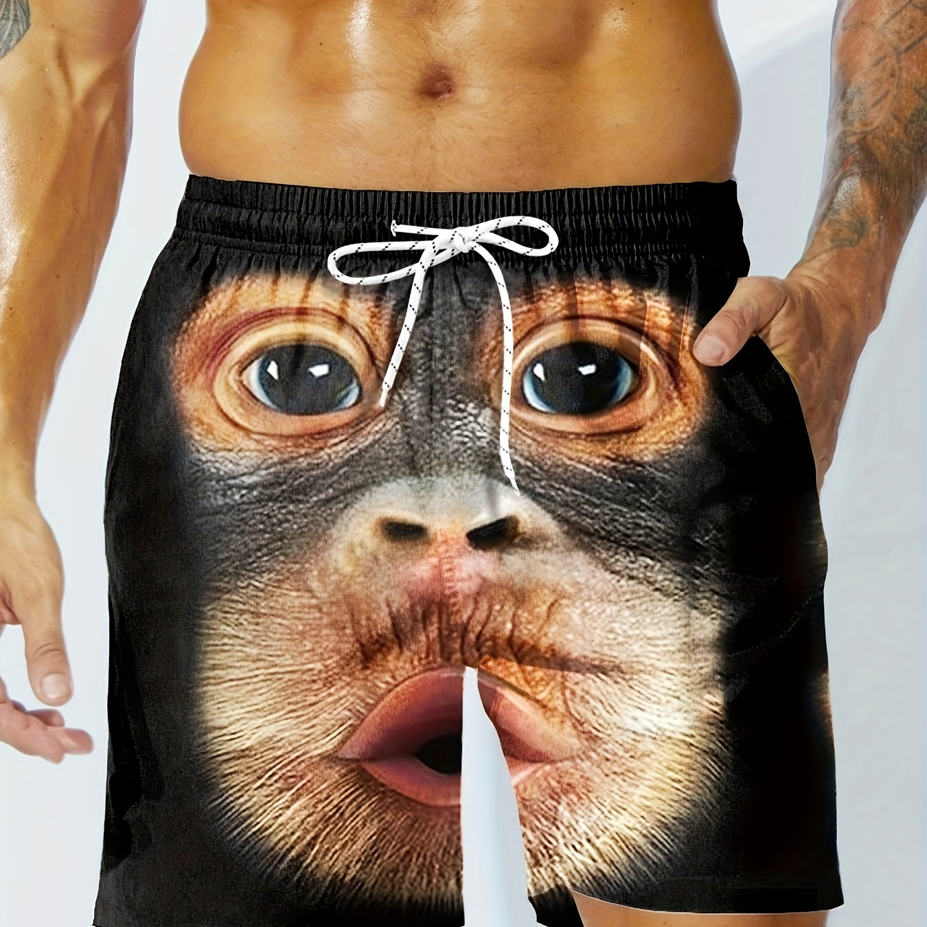 

Men's 3d Digital Gorilla Pattern Board Shorts, Novel And Funny Shorts With Drawstring And Pockets, Suitable For Summer Beach Holiday Wear