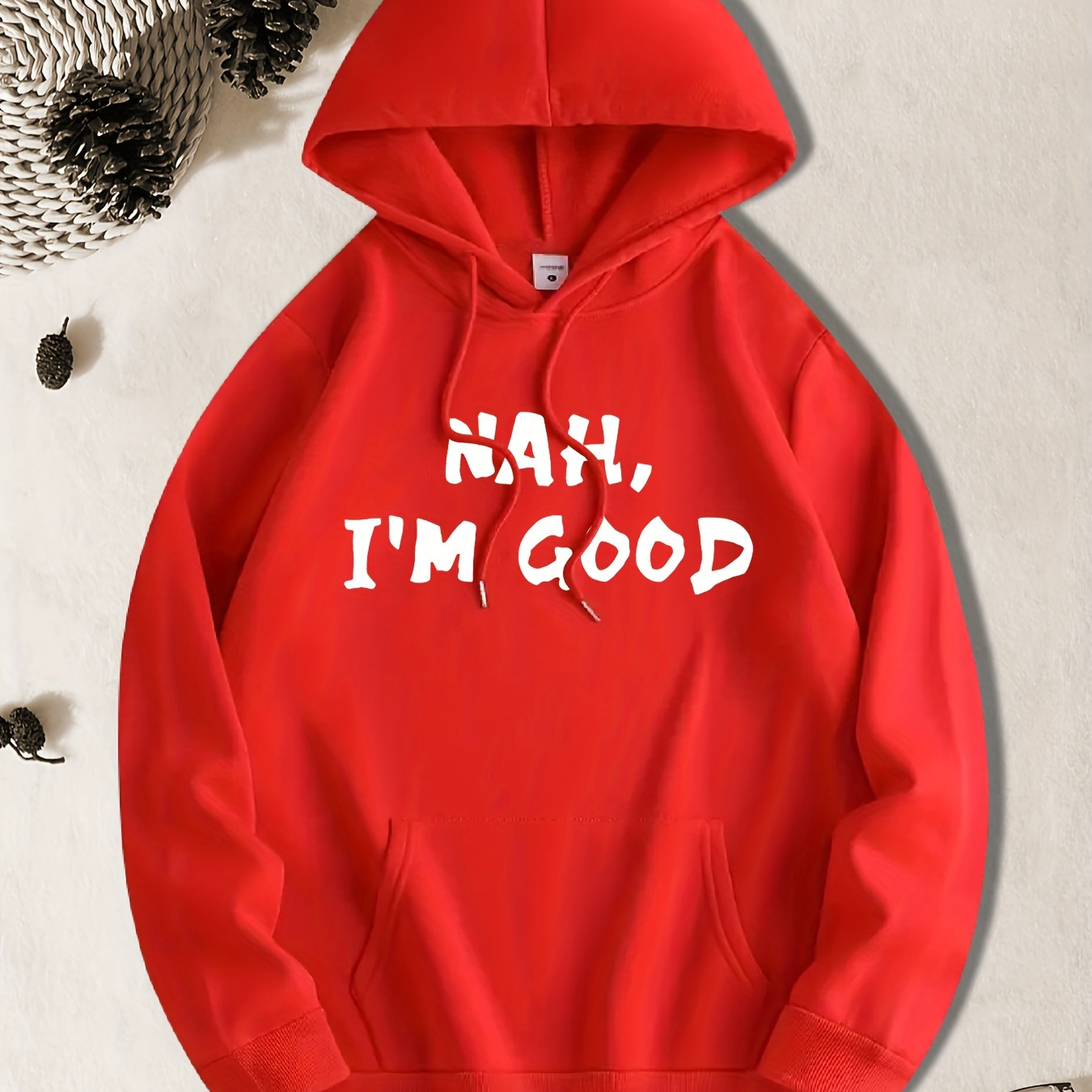 

Nah I'm Good Letter Print Men's Long Sleeve Hoodie, Drawstring Hooded Sweatshirt With Kangaroo Pocket, Casual Comfortable Versatile Top For Autumn & Winter