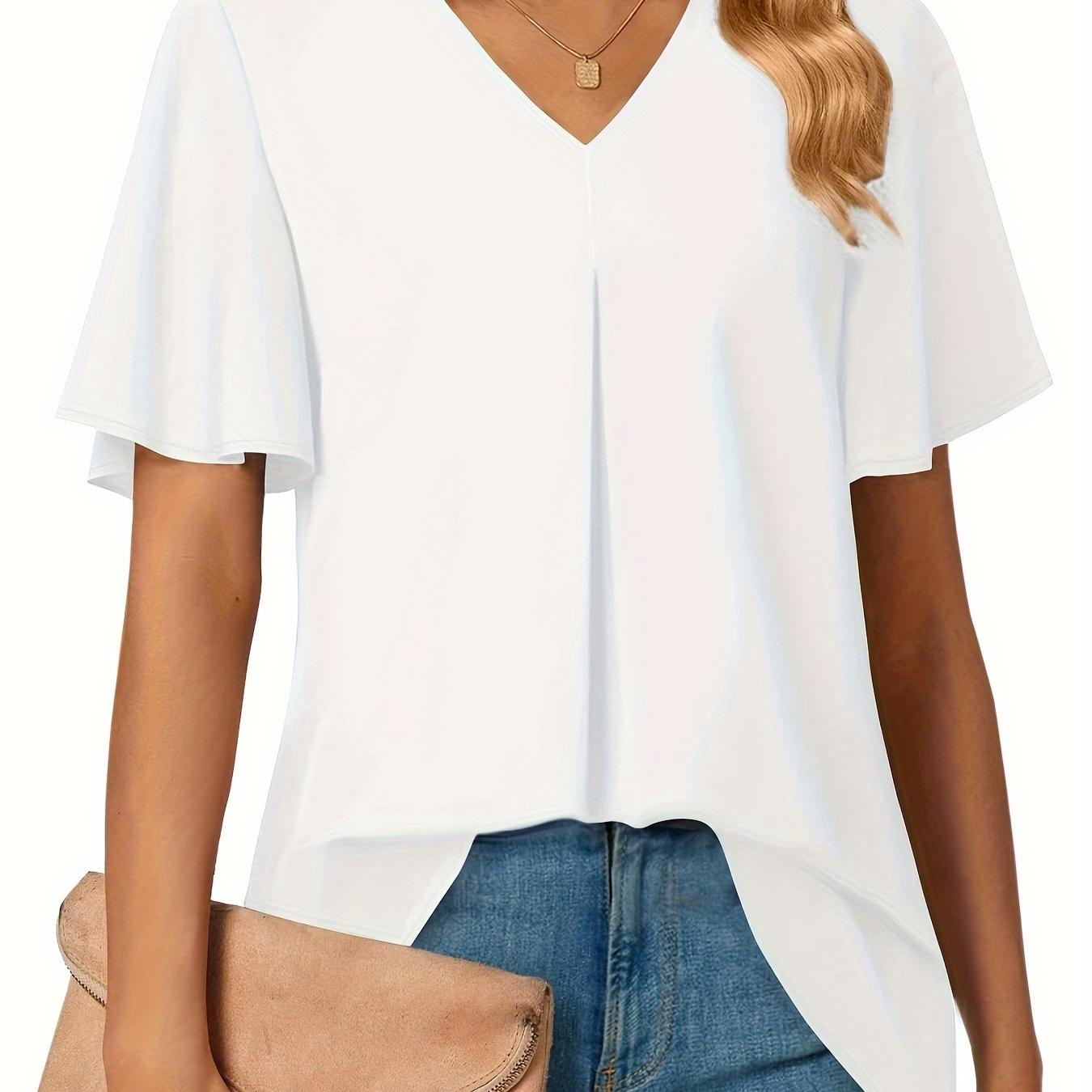 

Solid Color V Neck Pleated Blouse, Elegant Short Sleeve Loose Blouse For Spring & Summer, Women's Clothing