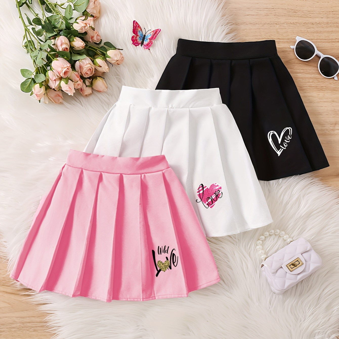 

3pcs Girls Heart Graphic Pleated Skirt Set Preppy Style Party Gift