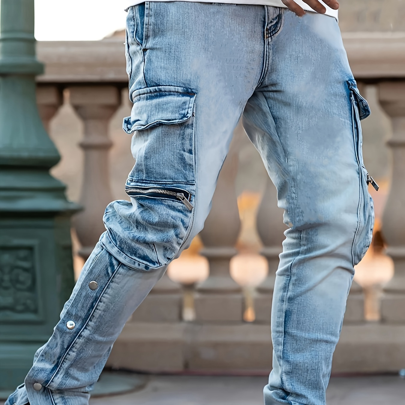 

Men's Solid Multi-pocket Cargo Denim Pants For Outdoor, Trendy Leisure Jeans For Males