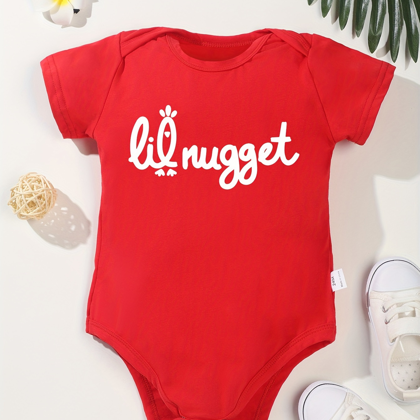 

Infant's Lil Nugget Print Cotton Bodysuit, Casual Short Sleeve Romper, Baby Boy's Clothing