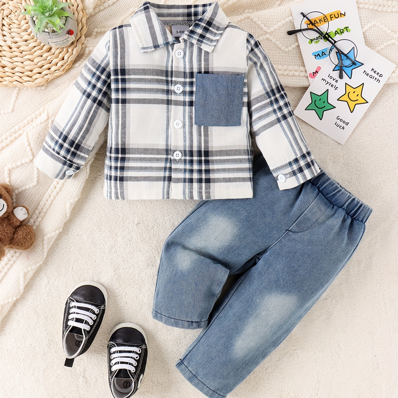 

Ensemble Chemise À Manches Longues À Carreaux + Faux Jean Pour Bébés Garçons, Tenues Tendance Pour Enfants