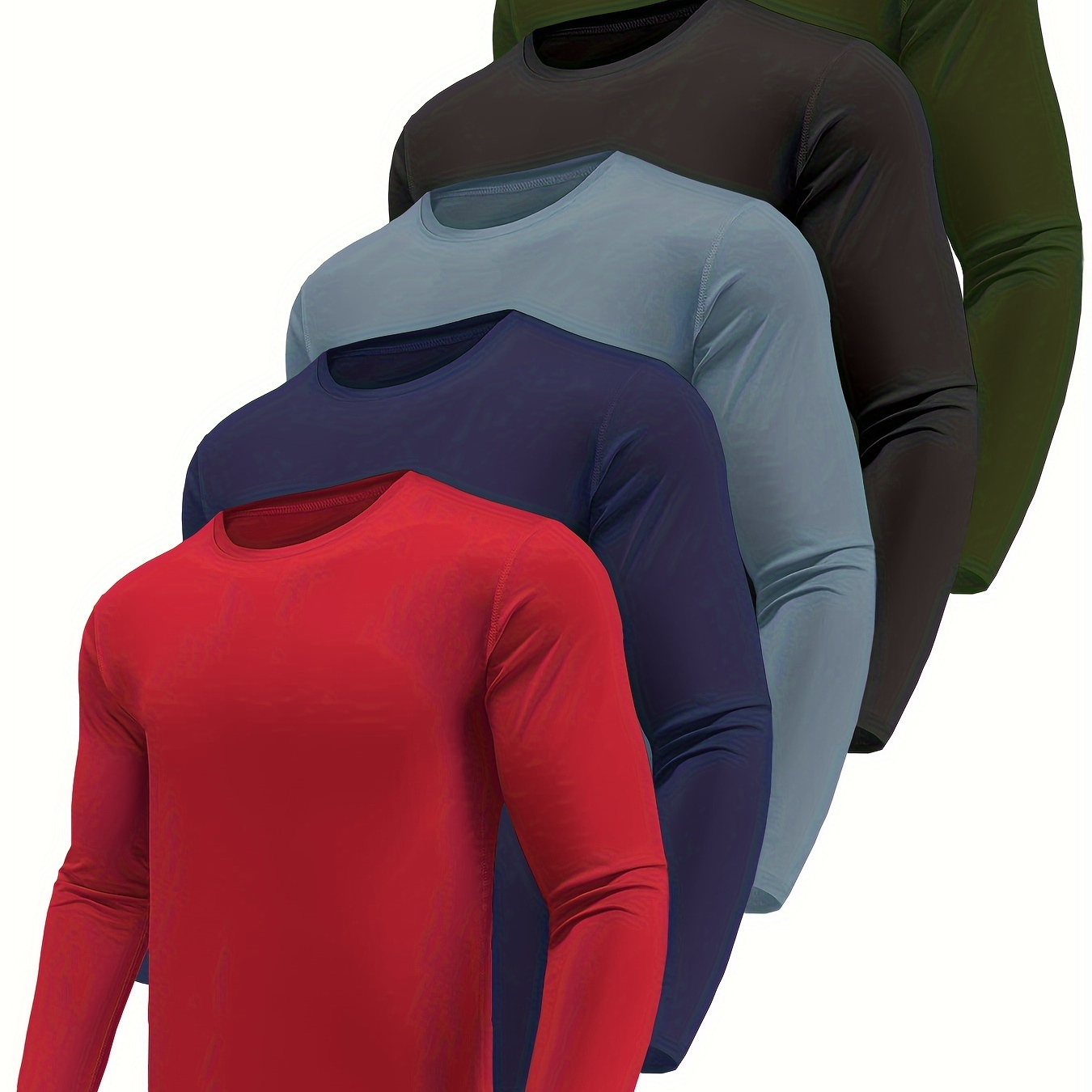 

5-pack Set Of Men's Crew Neck Long Sleeve Sun Protection T-shirts In Solid Color, Moisture Wicking Casual Tops For Outdoors Sports Wear