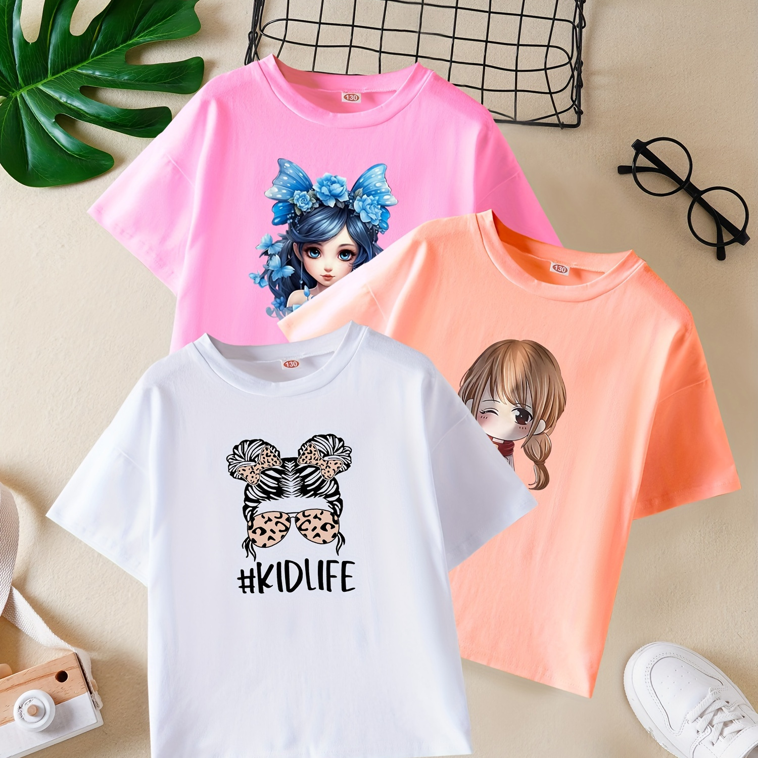 

#kidlife And Anime Girl With Sunglasses/cute Cartoon Girl/beautiful Anime Girl Graphic Print, 3pcs, Girls' Trendy Crew Neck T-shirt Set With Short Sleeves, Summer Clothing For Outdoor Activities