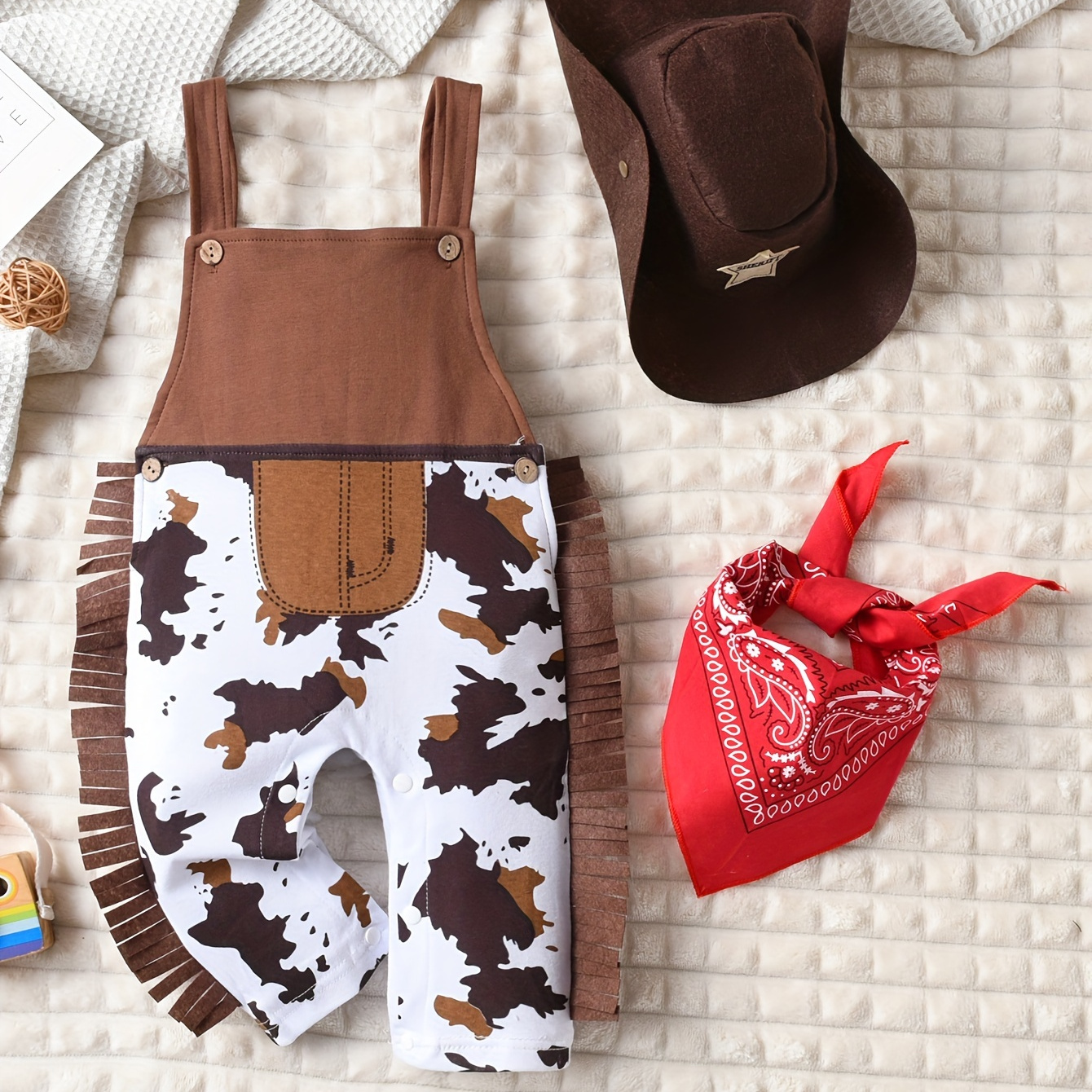 

Trendy Baby's Cowboy Jumpsuit Set, Tassel Decor Overalls & Cowboy Hat & Kerchief, Baby Boy's Clothing, As Gift