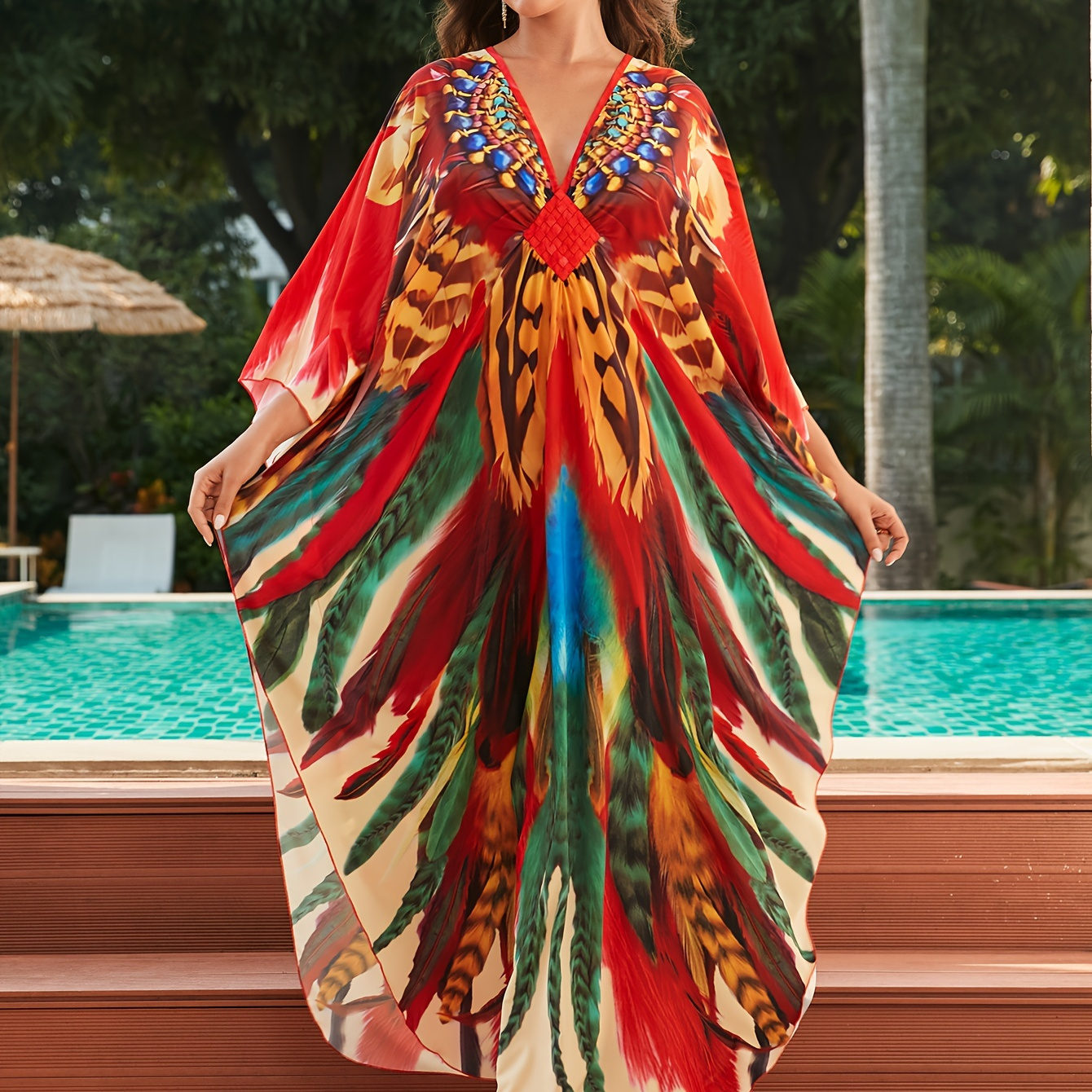 

Women's Boho Style Cover Up, Plus Size Feather Print V Neck Loose Fit Comfy Beach Kaftan Dress
