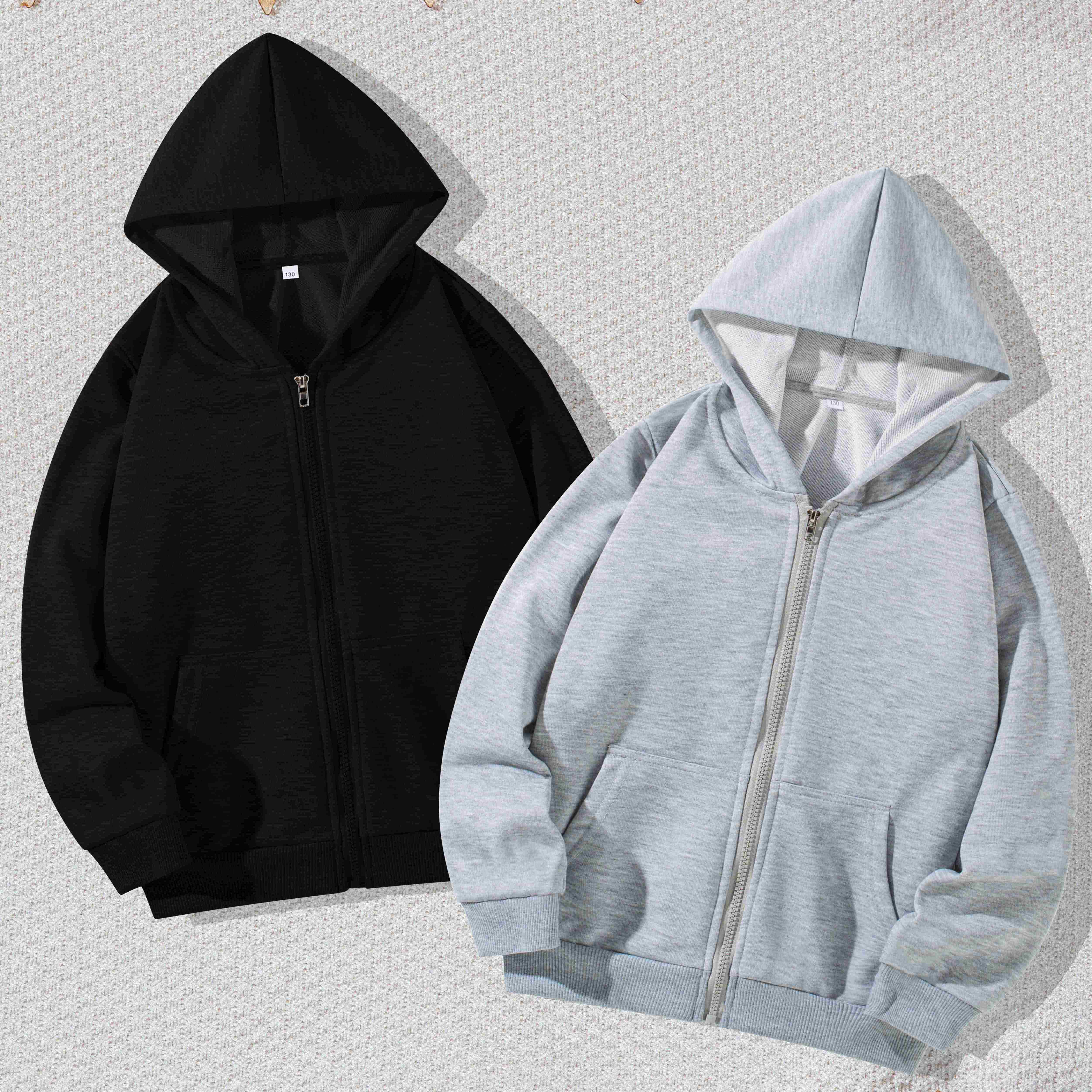 

2pcs Boys Girls Solid Grey & Black Basic Zip Up Hoodies, Loose Fit Sports Casual Jacket Sweatshirts With Pockets