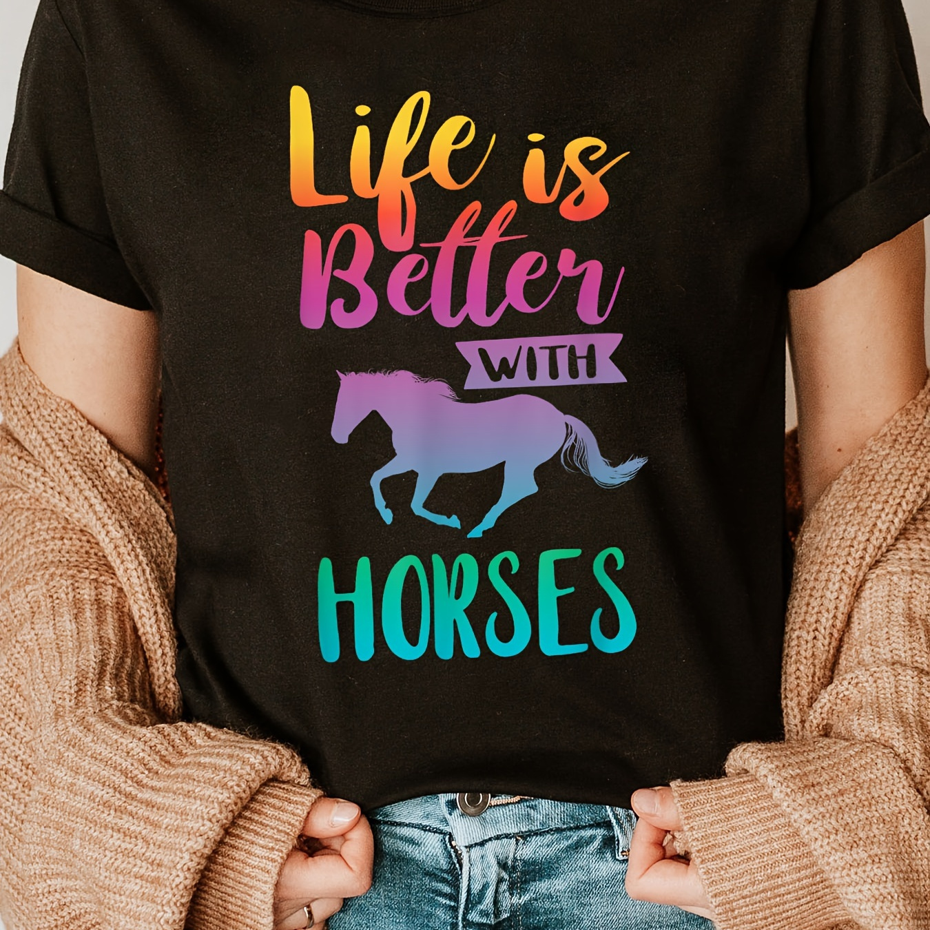 

Horses Print Crew Neck T-shirt, Short Sleeve Casual Top For Summer & Spring, Women's Clothing