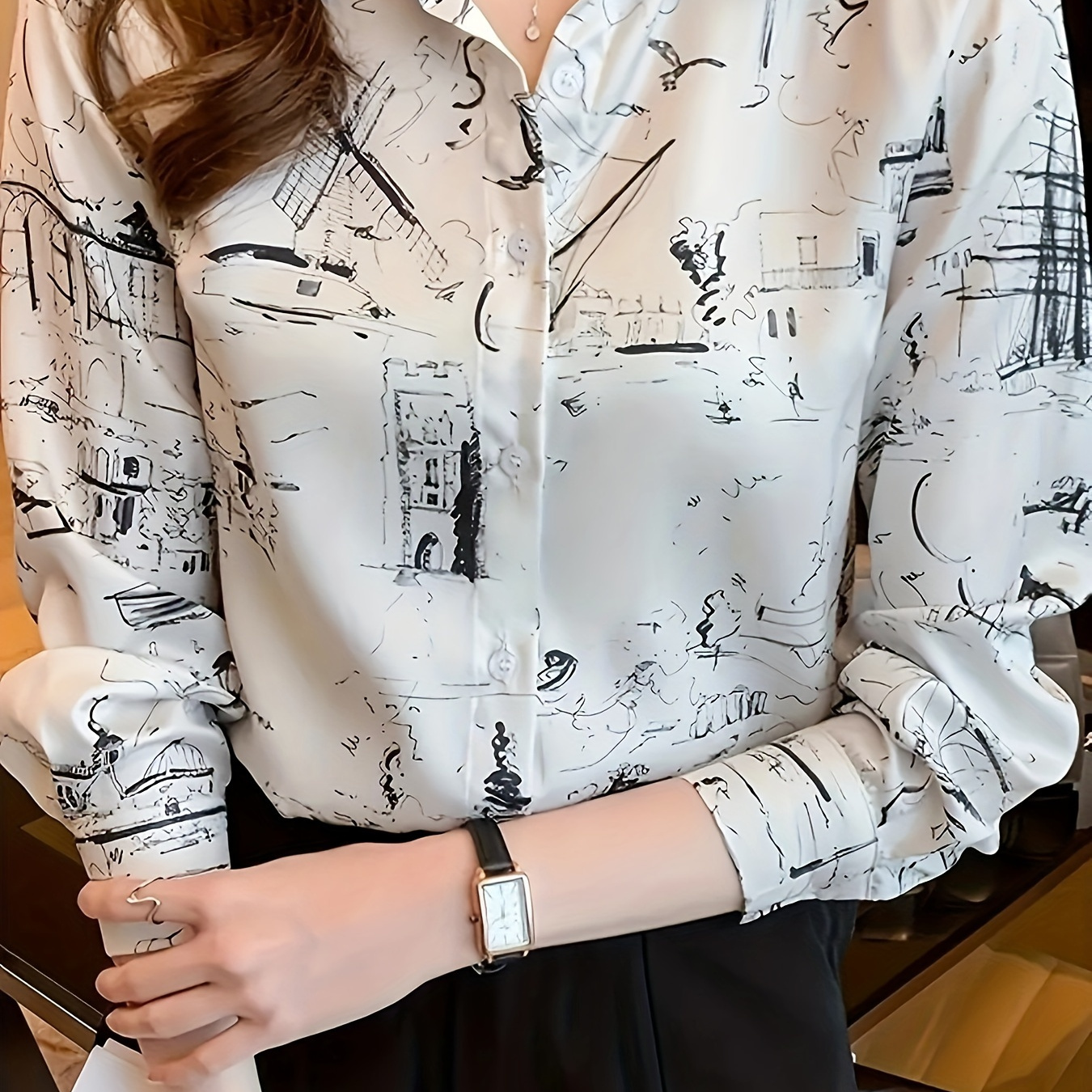 

Women's Long Sleeve Printed Blouse - Polyester Blend (95% Polyester, 5% Elastane), Middle Eastern Style, Collar, Sketch Pattern Design, Spring/fall Casual Shirt, Woven Fabric, No Additional Details